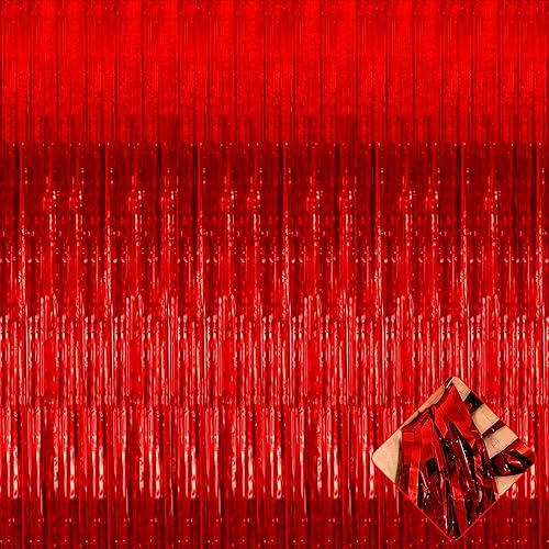 Paquete de 4 cortinas de flecos de papel de aluminio rojo de 3.3 pies x 6.6 pies, cortinas de oropel metálico, cortinas de fondo para cabina de