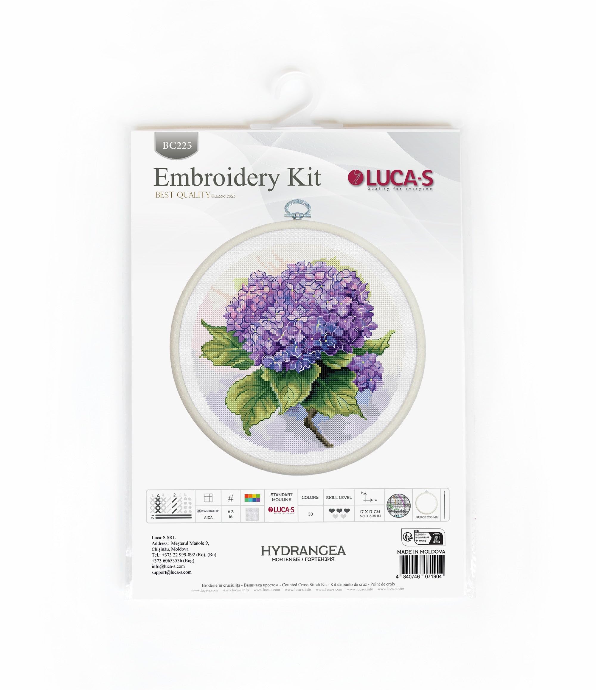 Luca-S Cross Stitch Kit with Hoop Included Hydrangea, BC225, 6.81 x 6.75 in or 17 x 17 cm - Image 2