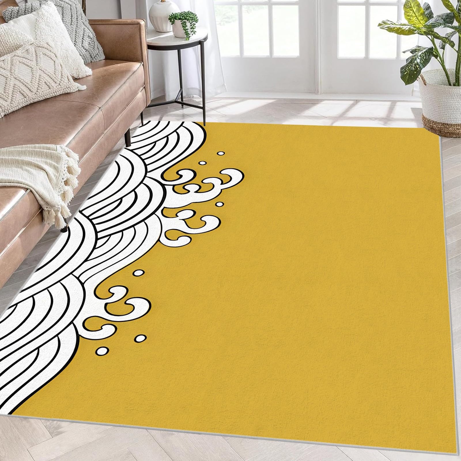 Japanese 2x3 Rug, Abstract Modern Area Rug for Living Room Bedroom, Washable Rug, Home Decor Door mat Thin Small Rug, Yellow Decor Carpet Non Slip
