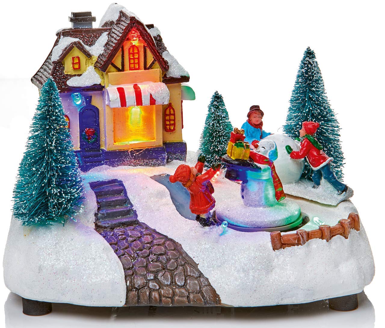 Scène de Neige de Village Traditionnelle Animée à LED avec Bonhomme de Neige Rotatif et Boutique