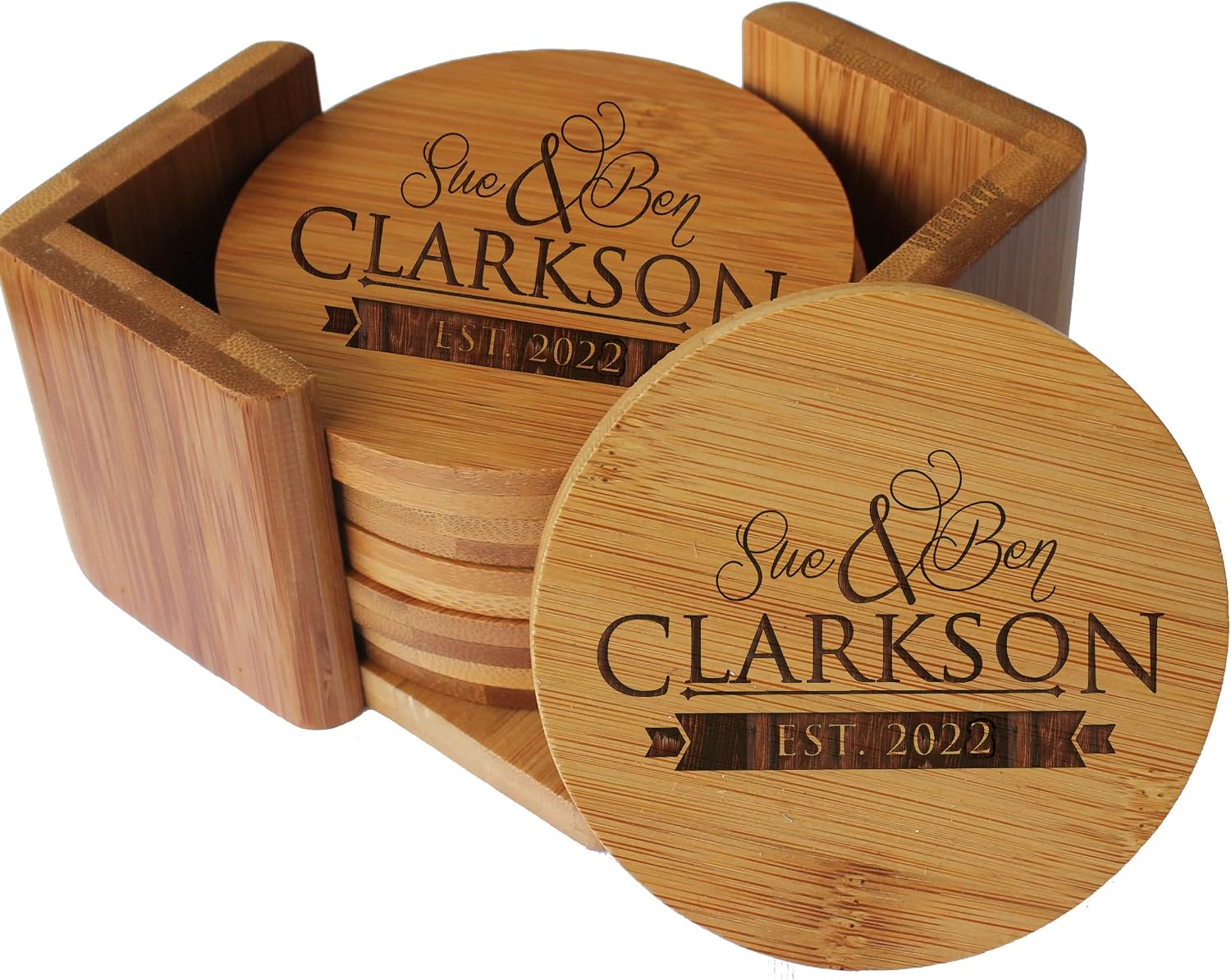 My Personal Memories, Custom Engraved Bamboo Wood Coasters - Personalized Coaster Set for Drinks, Weddings, Couples with Holder (Round Bamboo)