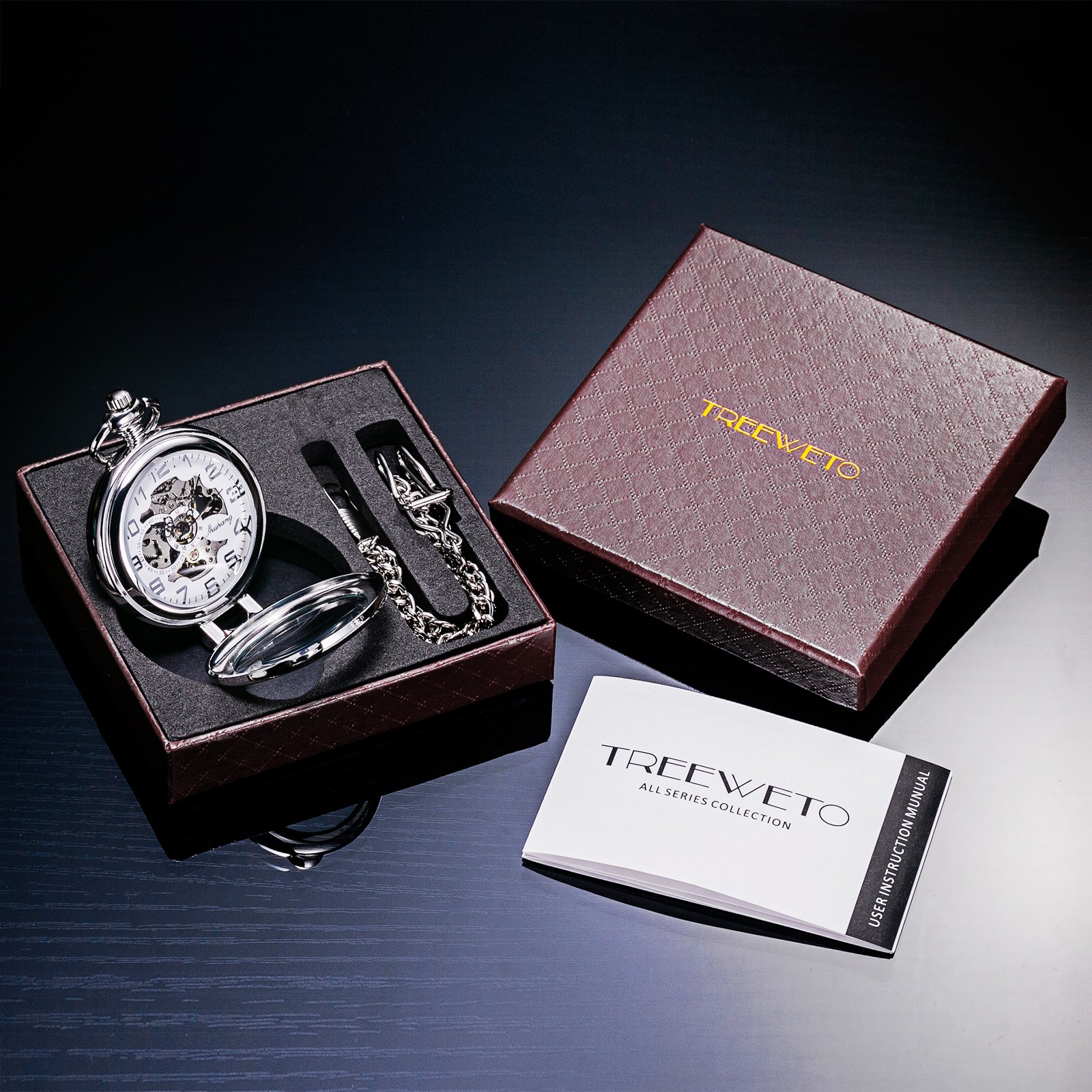 TREEWETO Montre de Poche Mécanique Steampunk pour Homme et Femme, Cadran Squelette Argenté avec Chaîne + Boîte, Argenté, Rétro