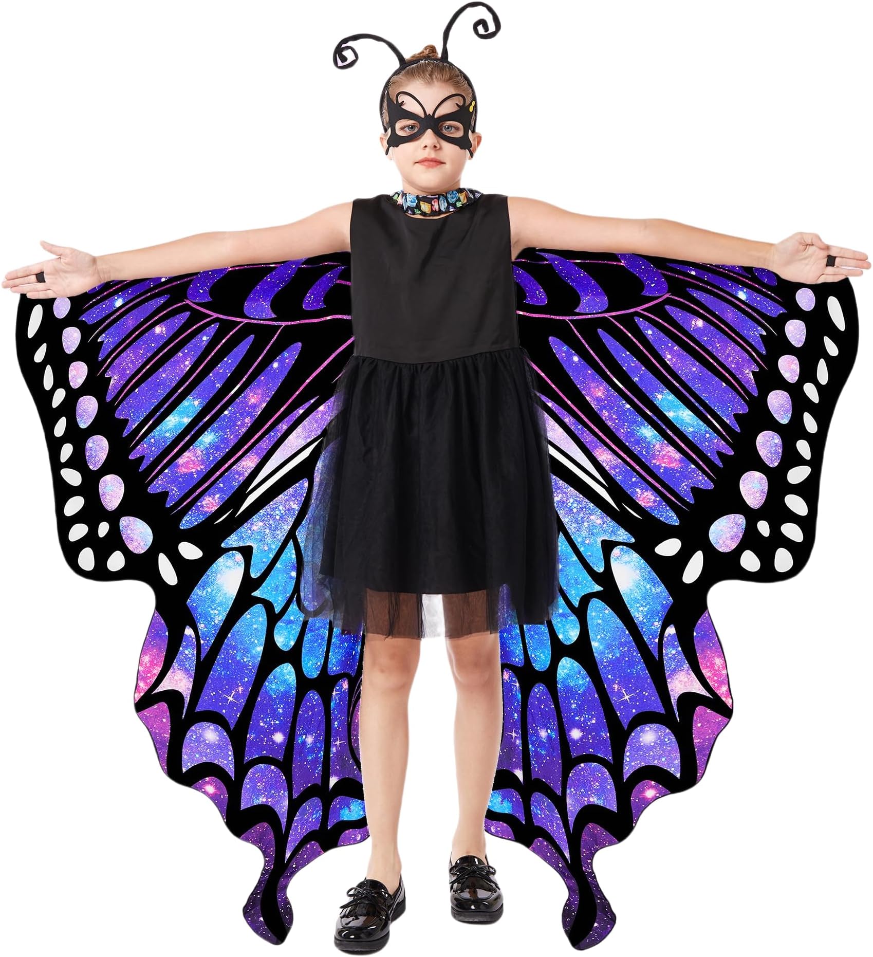 Halloween Butterfly Costume for Girls - Double-Sided Printing Wings Kids Cape with Mask, Antenna Headband, Hair Clips