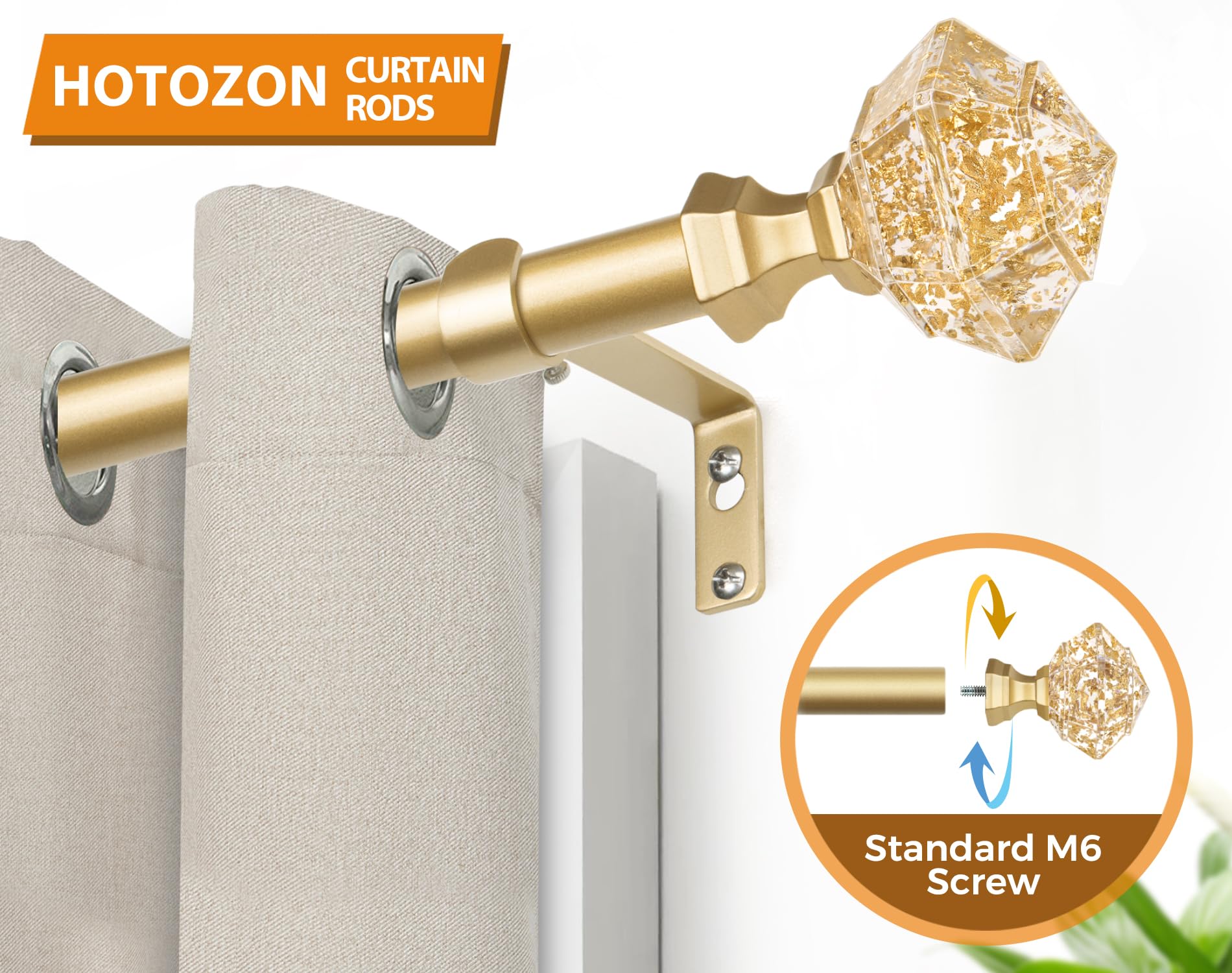 Karnisze od 80 do 148 cm, HOTOZON 19 mm, karnisz z półprzezroczystym diamentowym wykończeniem, karnisz ze wspornikami do sypialni, salonu, jadalni, kuchni, złoty