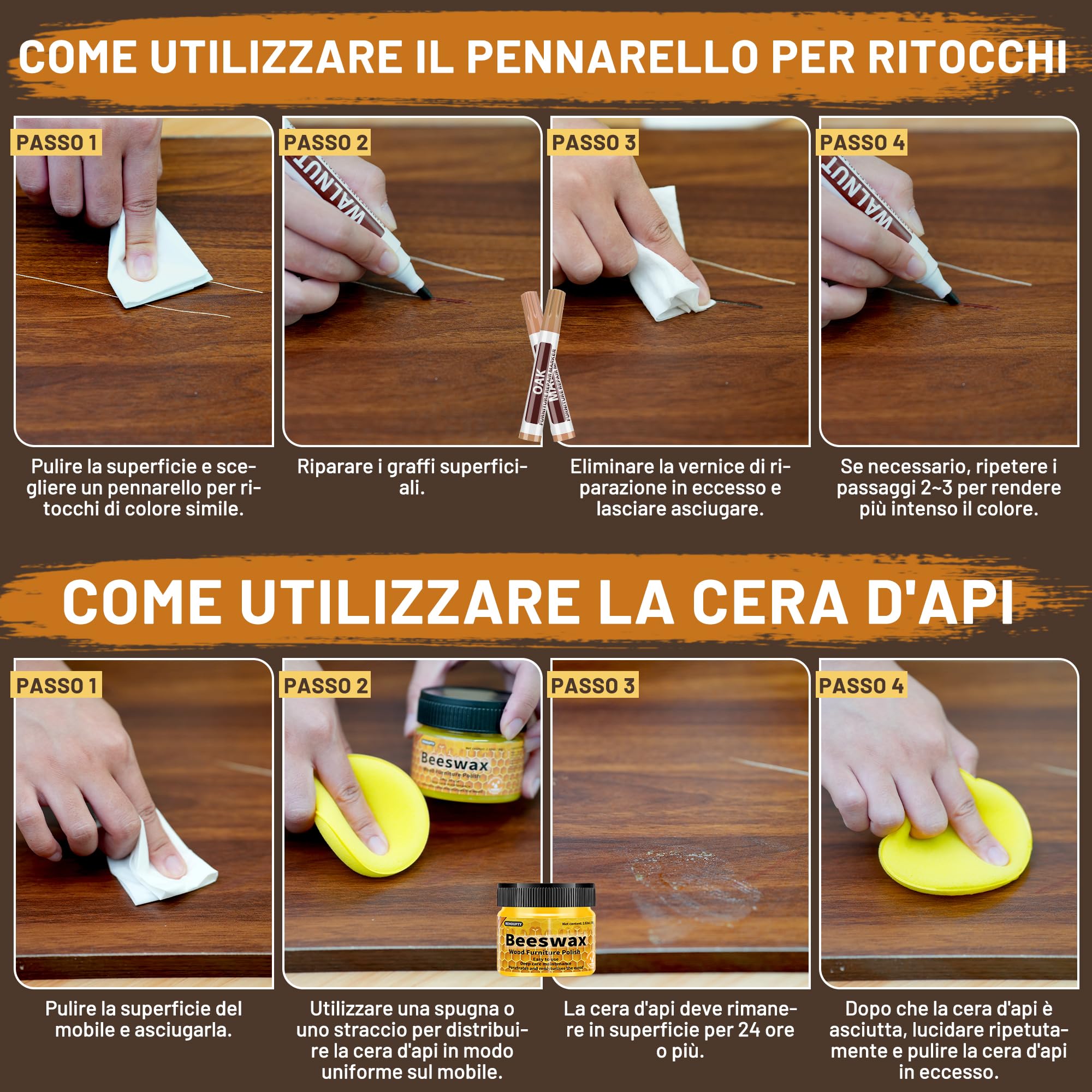 Kit Riparazione Legno, Kit Riparazione Laminato Include Stucco per Legno e Cera d'api & 12 Colori Pasta Riparazione del Legno, 8 Colori Pennarello Riparazione del Legno per Riparare i Graffi Crepe