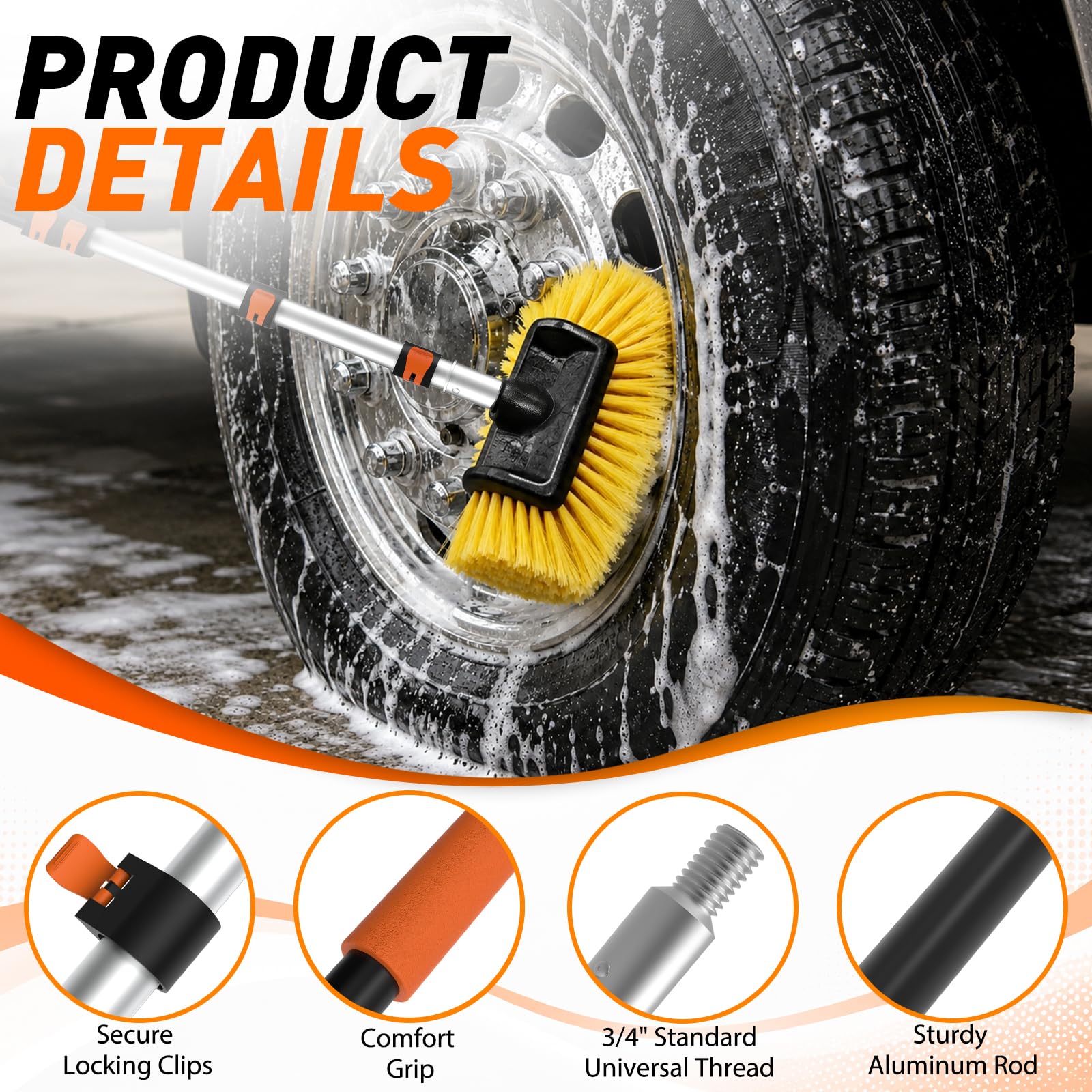 SISUPASSIE Cepillo de lavado de coche, cepillo telescópico de lavado de coche de 16 pies con mango largo, cepillo de limpieza de cerdas suaves de 12 pulgadas para limpiar coches, caravanas, camiones