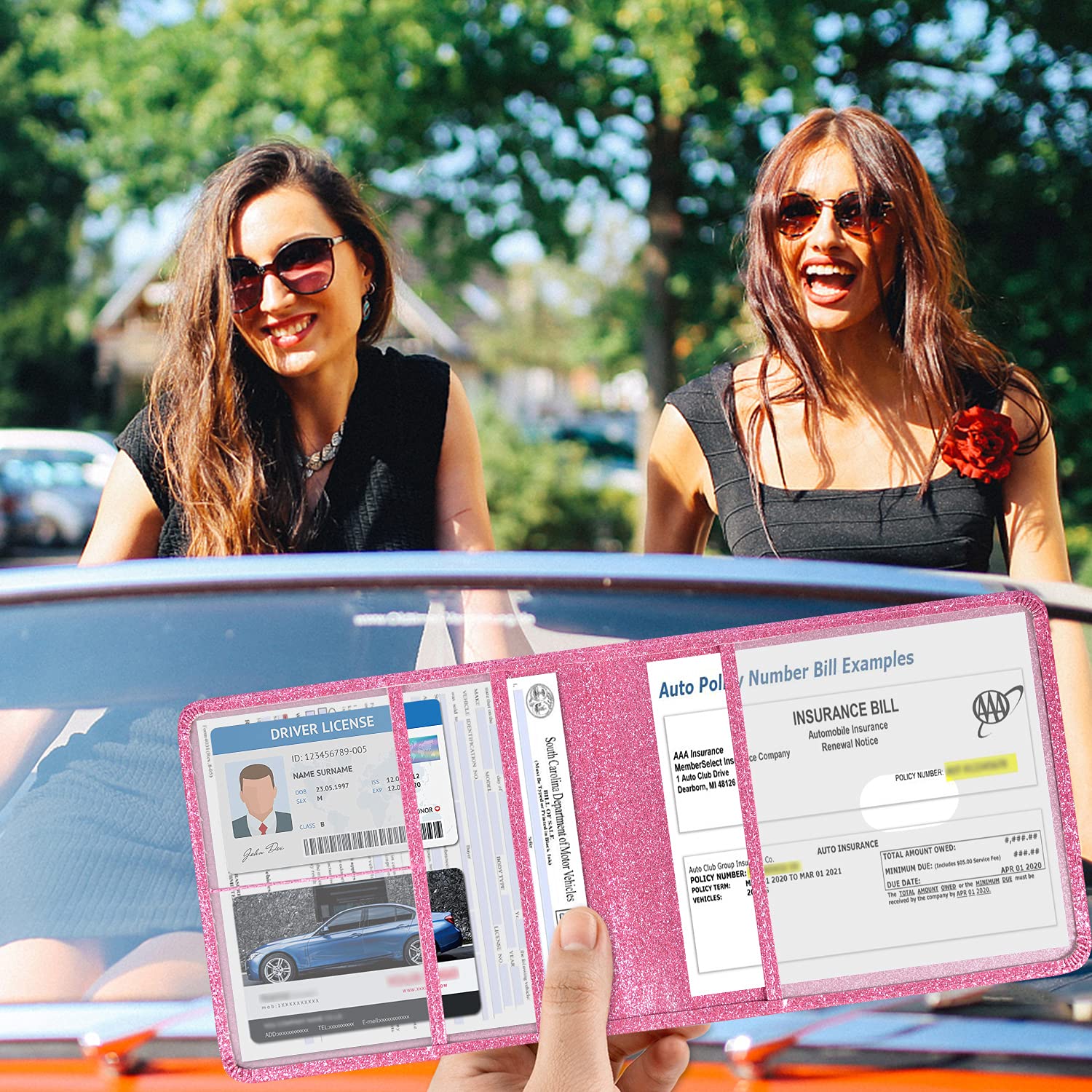 Soporte para registro y seguro de automóvil, organizador de cuero folio, guantera de documentos, accesorios para compartimento de camión para información esencial, tarjetas de licencia de 3