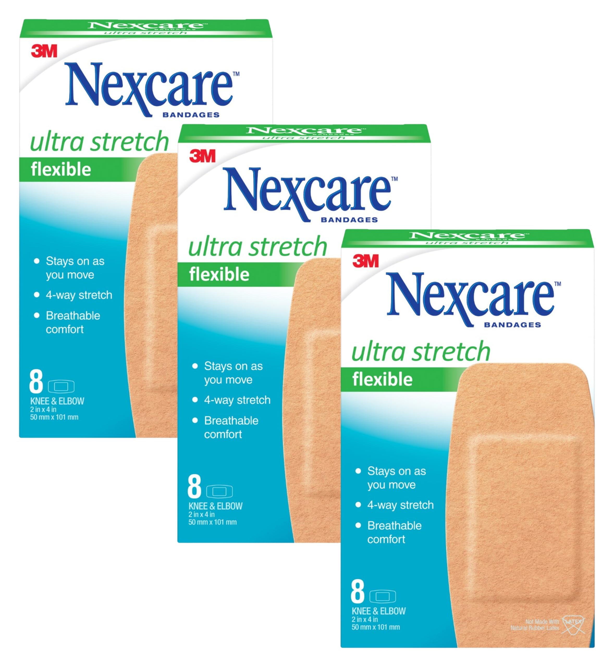 Nexcare Soft 'n Flex Bandages, 2" x 4" Flexible Fabric, Knee & Elbow Size, 8 Count per Box (Pack of 3, 24 Bandages Total)
