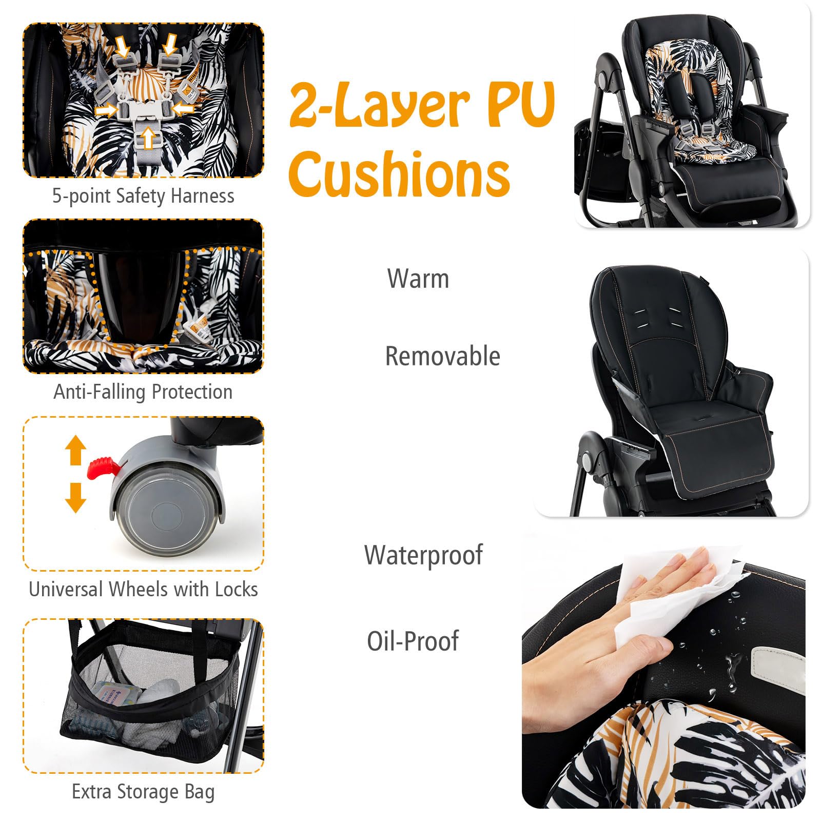 LIFEZEAL Trona Plegable con 7 Posiciones de Ajuste de Altura, Respaldo Reclinable, Trona Evolutiva con Cojín Confort, Doble Bandeja, Articulada, 6-36 meses, Capacidad 15 kg (Negro)