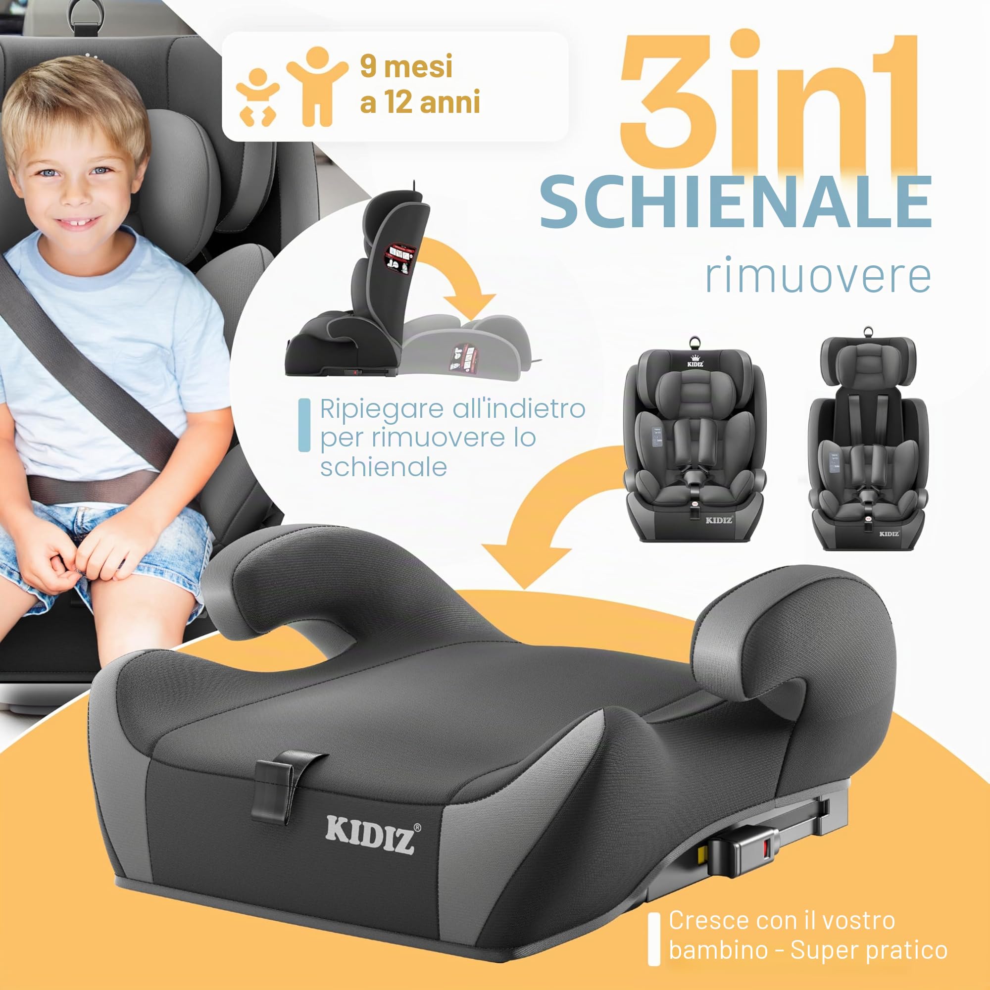 KIDIZ Seggiolino auto per bambini con Isofix, gruppo 1 + 2 + 3, 9 – 36 kg, cintura di sicurezza a 5 punti, seggiolino auto, seggiolino auto, poggiatesta regolabile, rialzo per 1 – 12 anni, stabile e