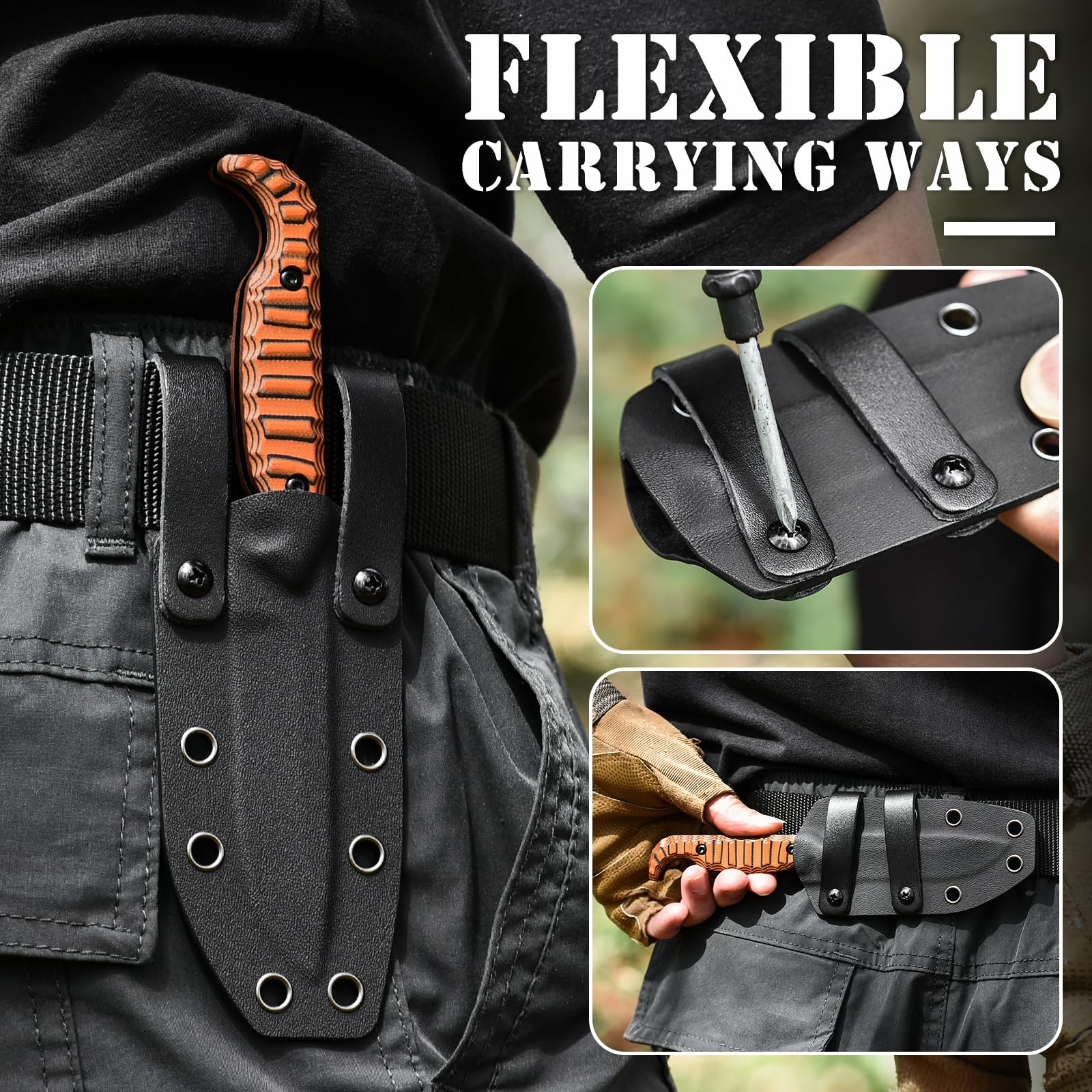 Omesio Outdoor Messer Survival M-FT15, D2 Stahl Full Tang mit Kydex Scheide Gürtelmesser, 9 cm Klingenlänge Kleines Jagdmesser, Schwarzer Klinge + Orange G10-Griff Zweifarbig für Angeln Geschenk