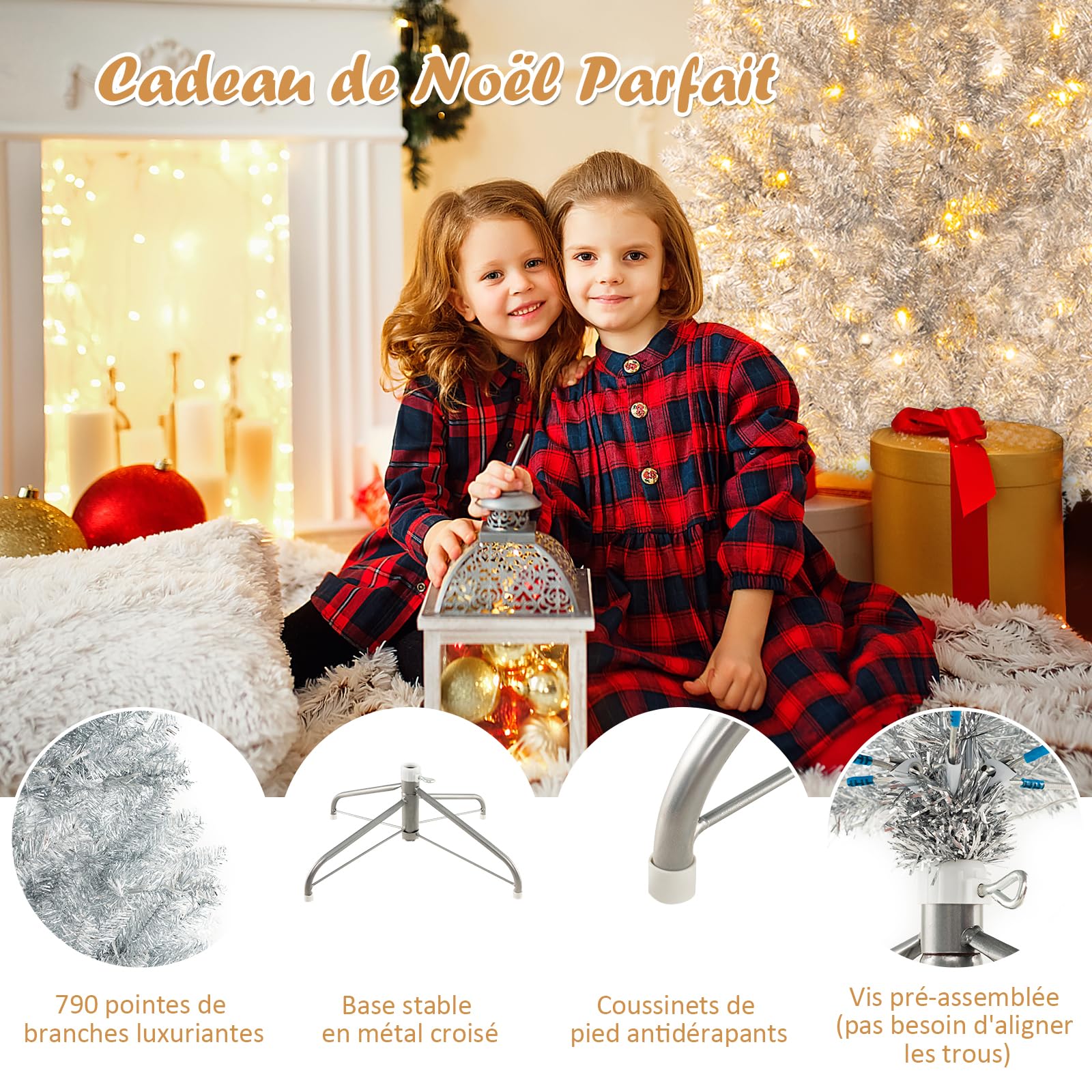 COSTWAY Sapin de Noël Artificiel Argenté Pré-éclairé de 180 cm, 790 Pointes de Branches, 300 Lumières LED Blanc Chaud, Support en Métal Pliable, Charnière, pour Bureau, Maison