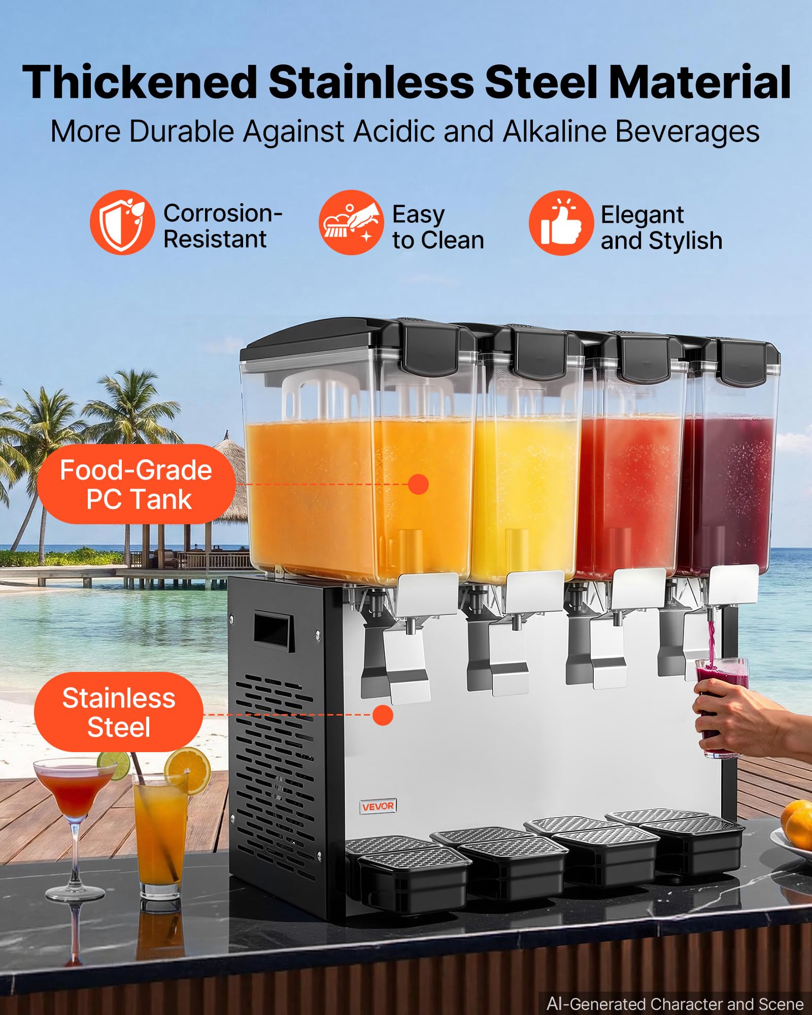 VEVOR Distributeur de Boissons Réfrigérées 4x10 L Fontaine à Jus de Fruits