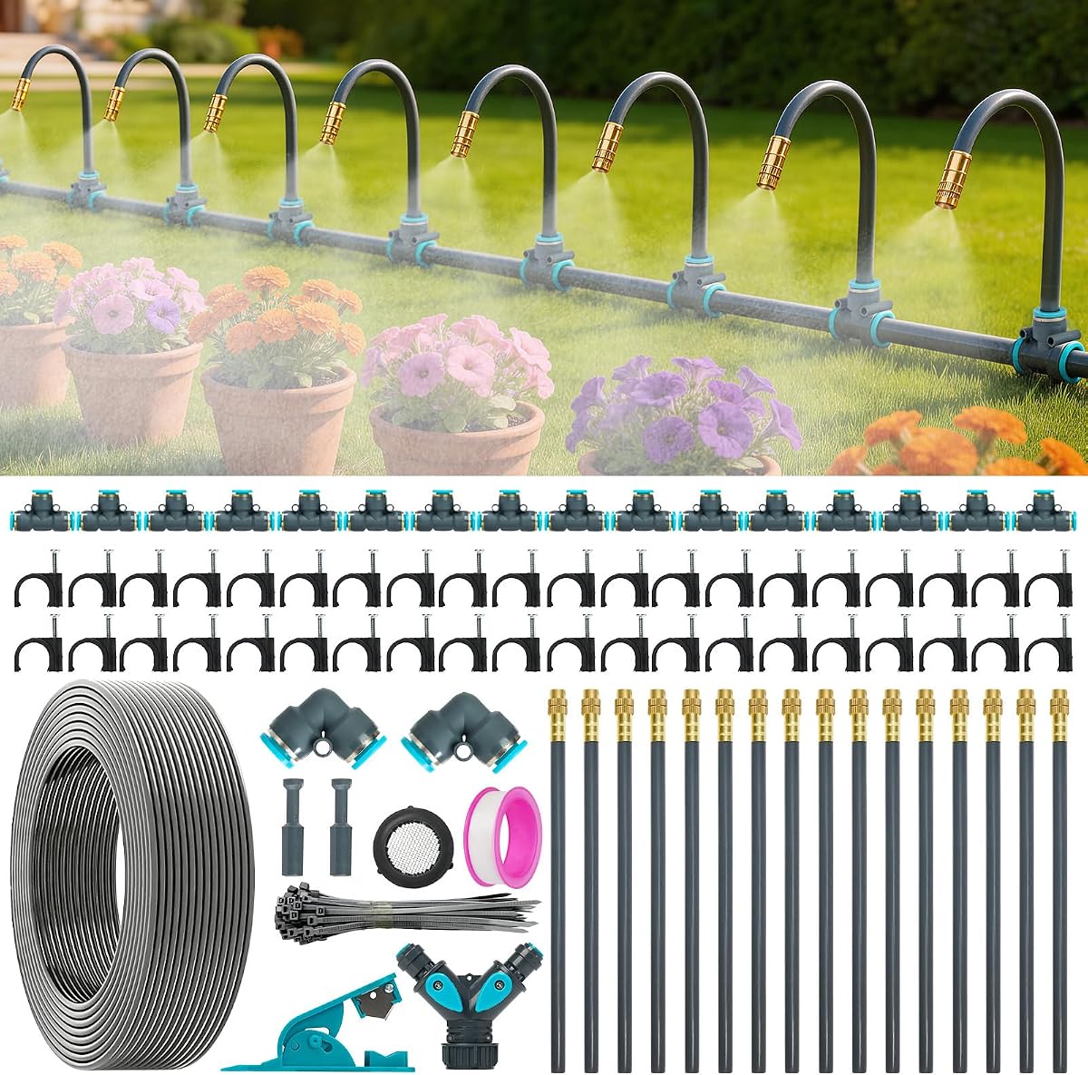 Sistema de riego por goteo ajustable de 360°,Sistema de riego de 100 pies para jardín | 16 boquillas de cobre, 82 aspersores de nebulización automática, tubos de 5/16", ideal para proyectos de cuidado de camas elevadas, patios, césped y jardines