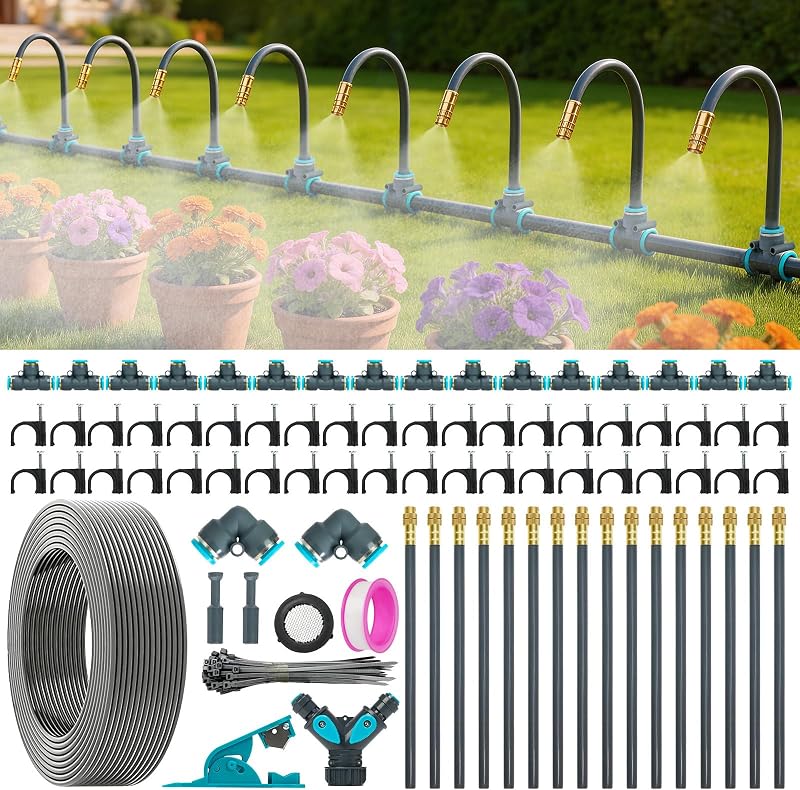 Sistema de riego por goteo ajustable de 360°,Sistema de riego de 100 pies para jardín | 16 boquillas de cobre, 82 aspersores de nebulización automática, tubos de 5/16", ideal para proyectos de cuidado de camas elevadas, patios, césped y jardines