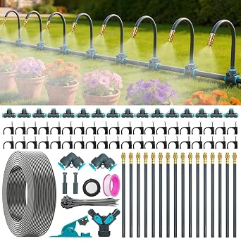 360  Adjustable Automatic Drip Irrigation Kit, 100FT Quick-Connect Garden Watering System with 16 Bendable Nozzles & 1/4" Fast-Lock Tubing for Vegetable Beds, Potted Plants, Lawn