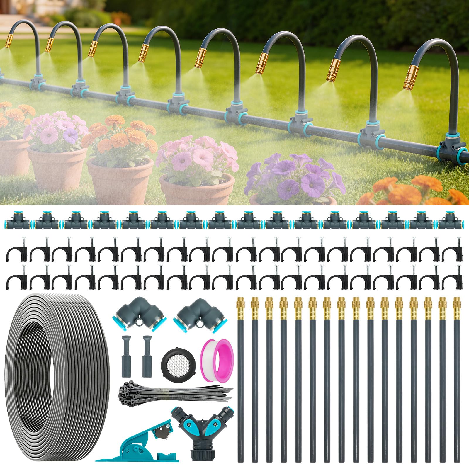360° Adjustable Automatic Drip Irrigation Kit, 100FT Quick-Connect Garden Watering System with 16 Bendable Nozzles & 1/4" Fast-Lock Tubing for Vegetable Beds, Potted Plants, Lawn