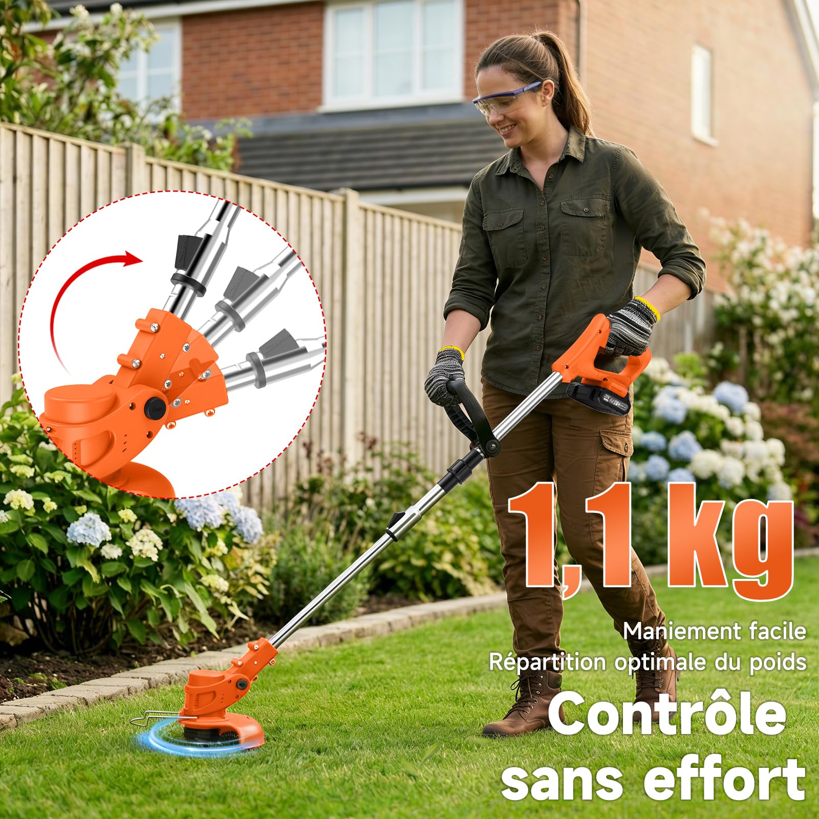 Coupe Bordure sans Fil 60cm 21V 2 Batteries, Débroussailleuse Électrique Pliable, Manche Télescopique 105-130cm, 26 Lames