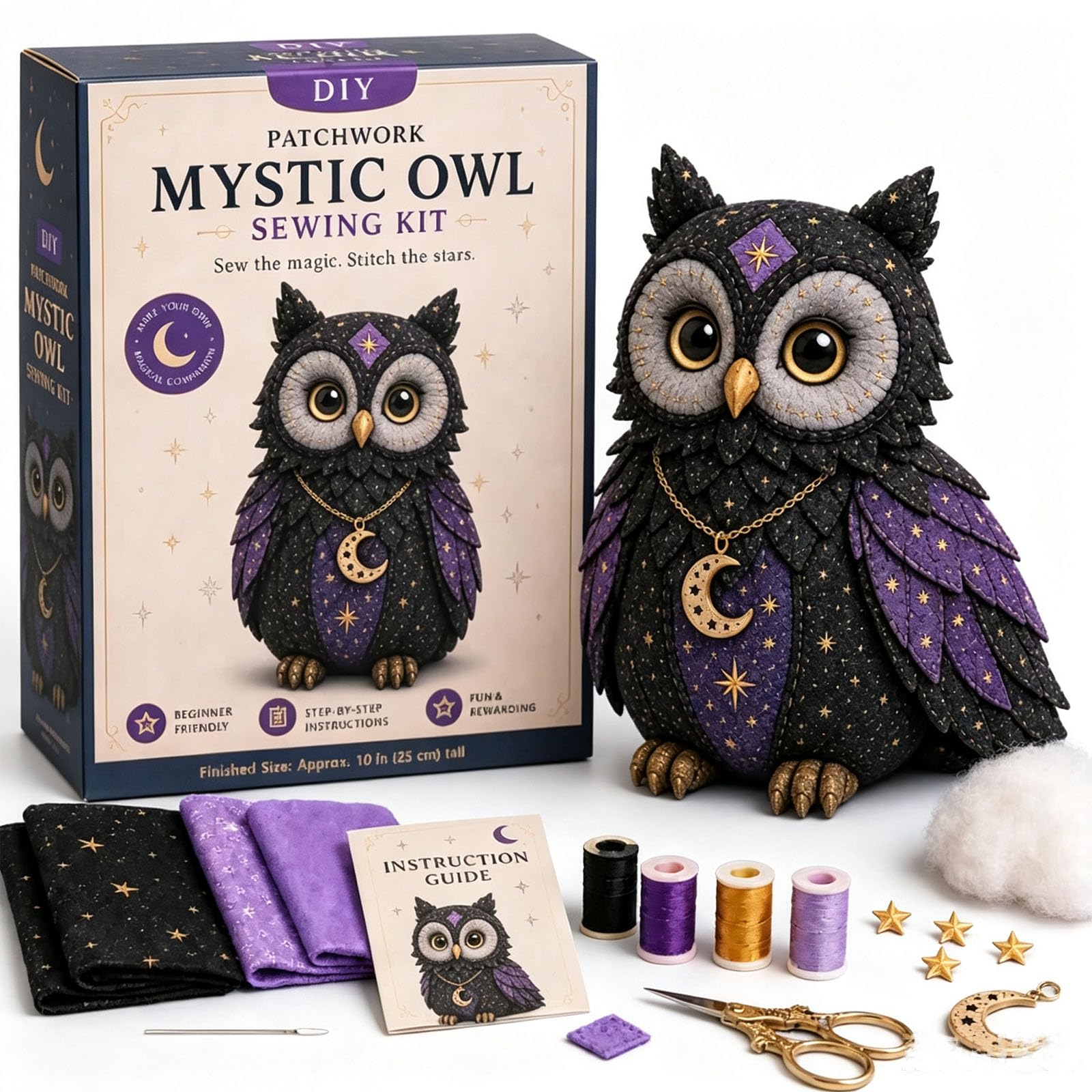 Mystic Patchwork Animal Sewing Kit – DIY Plush Craft Kit with Starry Fabric, Moon Charm, Fantasy Patchwork Animal Sewing Kit with Guide, Halloween Sewing Gift for Teens & Adults (Mystic Owl)