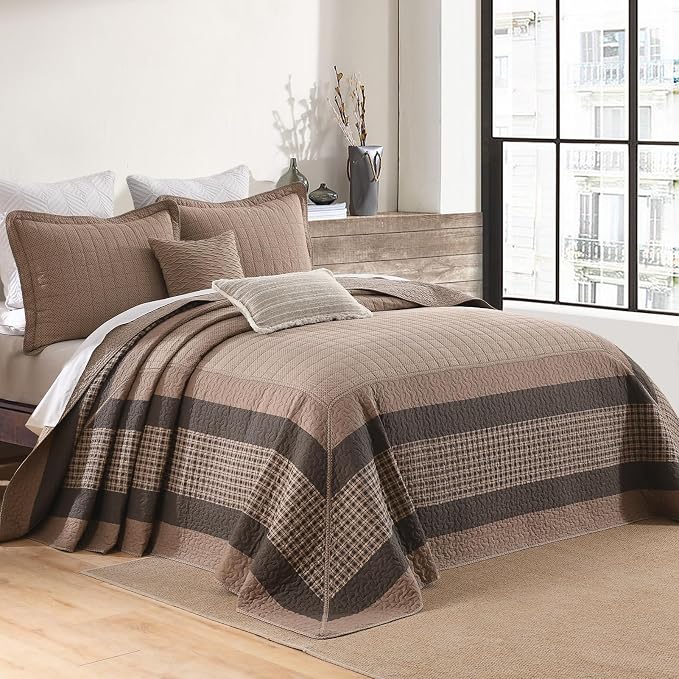 QuiltMuse Farmhouse Queen Size Bedspread Set - 102x120" 100% Cotton Lightweight Quilt With 2 Shams