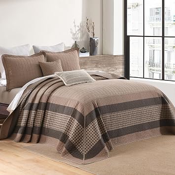 Farmhouse Bedspread King Size 120"x120" - 100% Cotton Lightweight Oversized King Quilt with 2 Pillowshams, Cottage Plaid King Quilted Bedding Bed Spread Coverlet, Brown/Beige/Wood