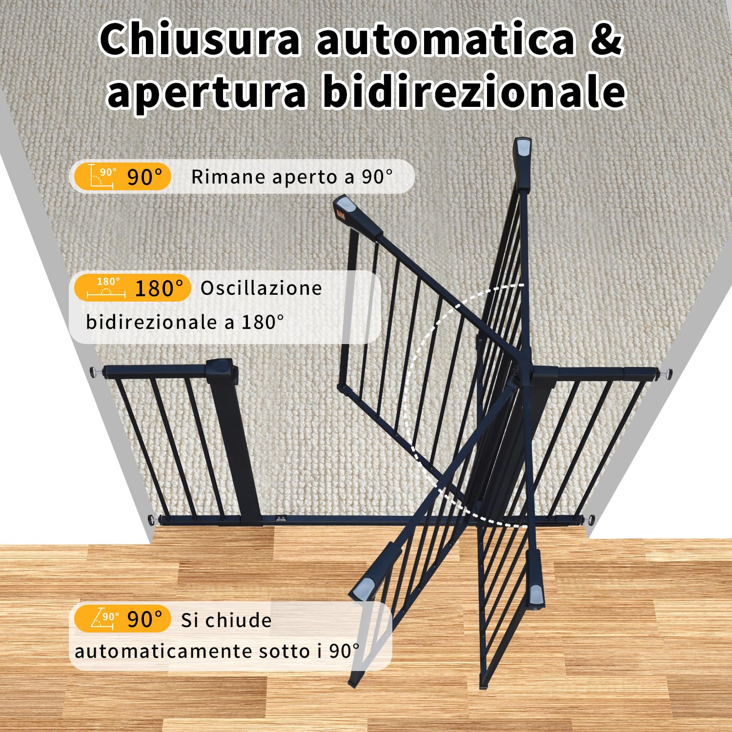 LAOYE cancelletto per bambini, Cancelletto per scale senza trapano, altezza extra alta 76 cm, larghezza 75-124 cm con 3 estensioni, per bambini, cani gatti, chiusura automatica arresto a 90°-Nero