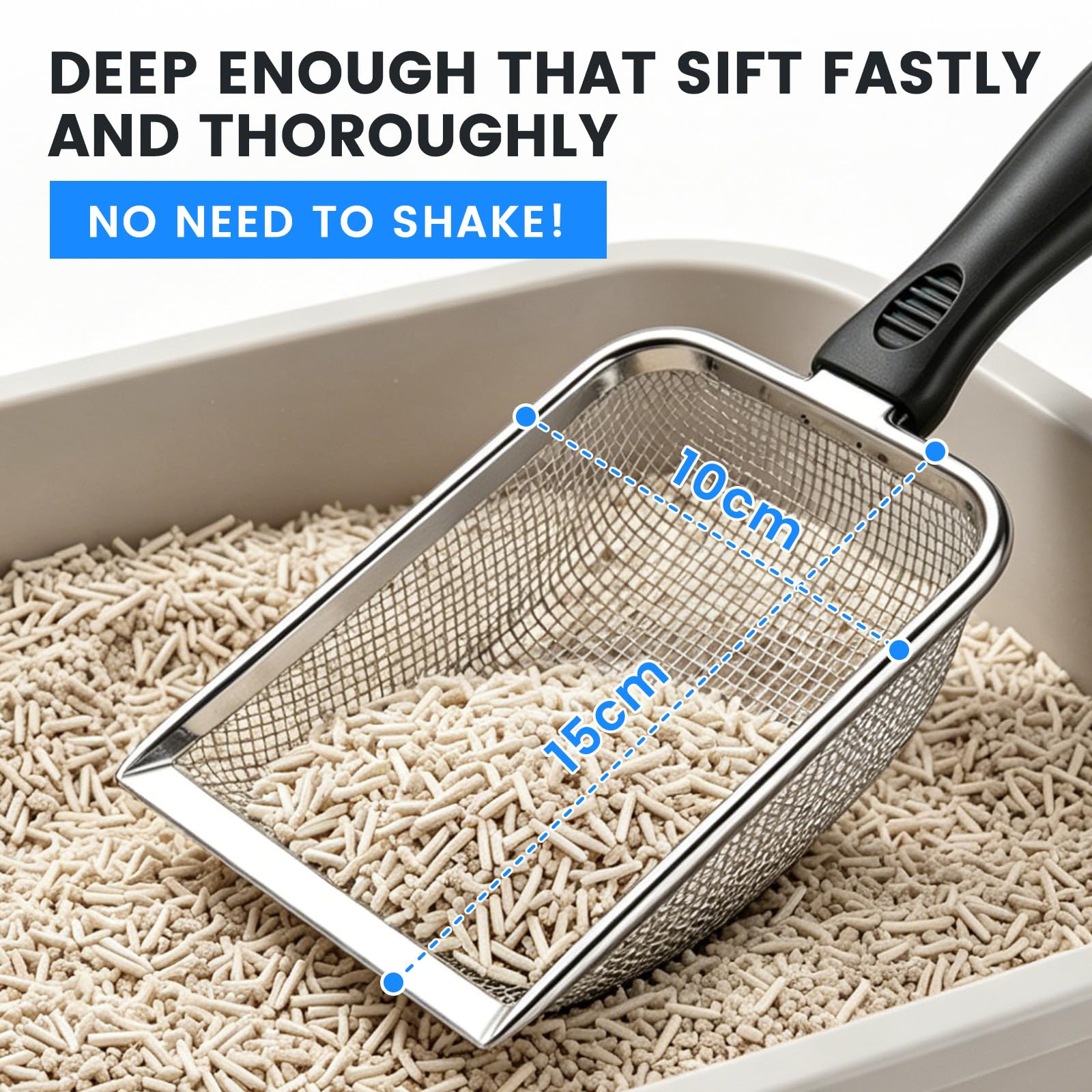 SmartTail Cuchara de arena para gatos, pala de arena de malla fina de acero con agujero de 2,8 mm, limpiador de arena para reptiles, pala profunda para gatos, pala de arena para gatos, cuchara de
