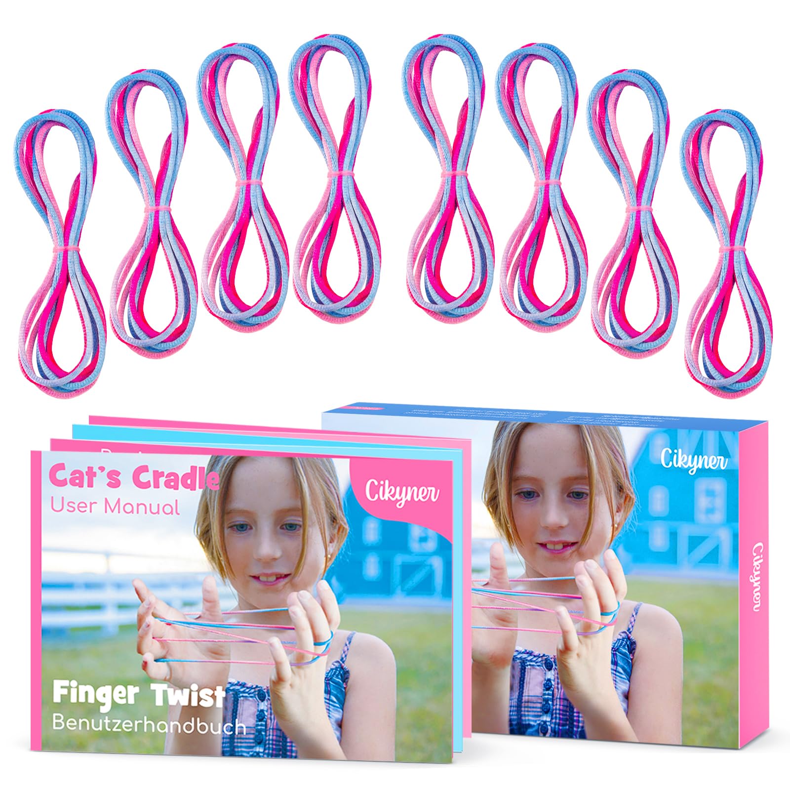 Cikyner Finger Twist, 8 sztuk gier na palce, długość 2 m, średnica 2 mm, dla dzieci, z instrukcją obsługi (może nie być dostępna w języku polskim), poliester, kolorowy, idealny prezent dla dziewcząt i