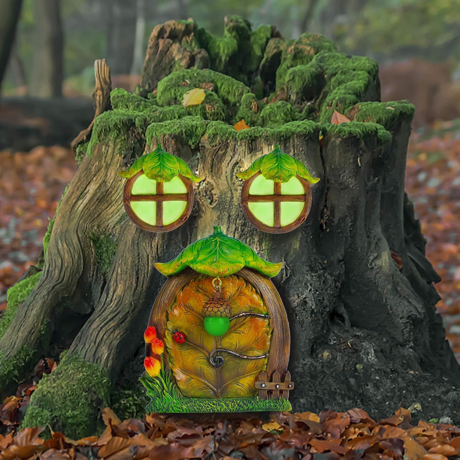 Juegoal Miniature Fairy Gnome Home Window and Door for Trees Decoration, Leave Shape Glow in Dark Fairies Sleeping Door and Windows, Yard Art Garden Noctilucence Sculpture, Lawn Ornament Decor