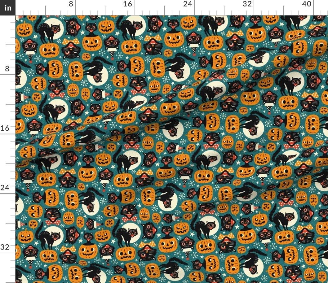 Spoonflower Fabric - Spooky Vintage Cats Pumpkins Dark Blue Black Pumpkin Retro Halloween Printed on Petal Signature Cotton Fabric by The Yard - Sewing Quilting Apparel Crafts Decor