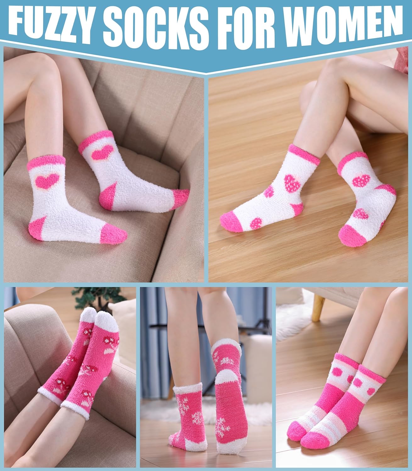 Yebing Fuzzy Socks for Women Fluffy Slipper Winter Warm Cozy Plush Sleep Heart Gift Socks - Image 3