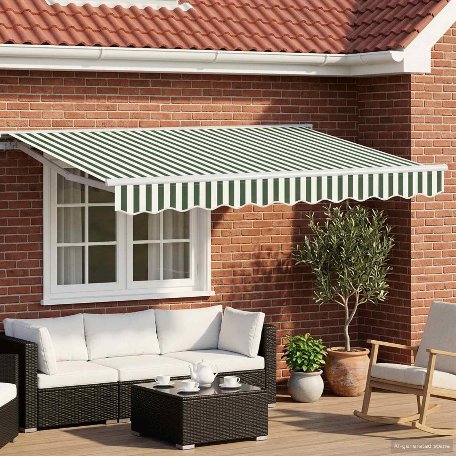 Auvent Rétractable Électrique 3 x 2,5 m Store Banne Motorisé avec Télécommande et Manivelle Manuelle pour Jardin Terrasse et Patio Design Semi-Cassette Vert et Blanc