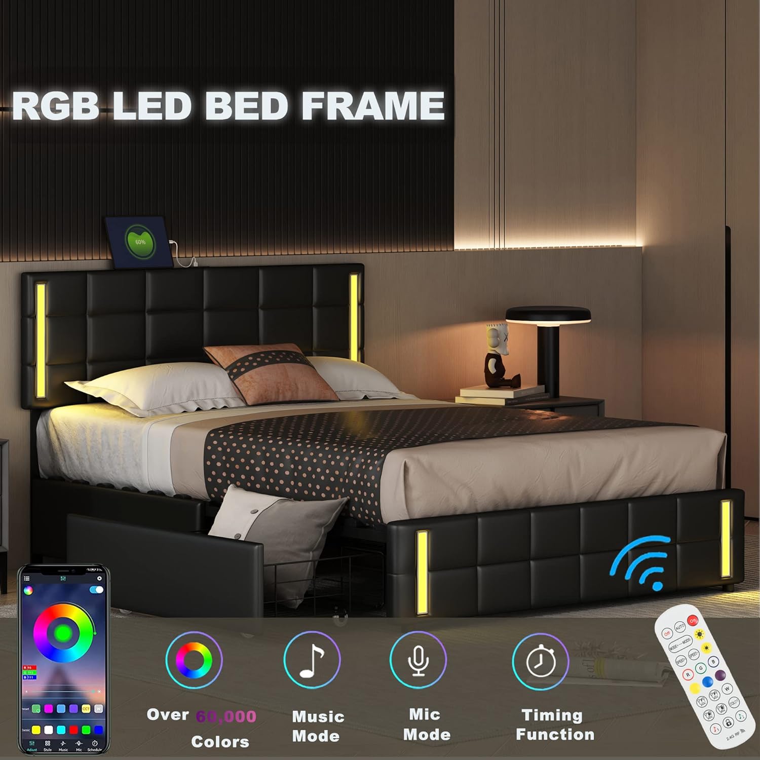 Queen Size Upholstered Platform Bed with 4 Storage Drawers, LED Lights and USB Charging, Faux PU Leather Queen Bed Frame with Headboard and Slat Support, No Box Spring Needed (Queen, Black)