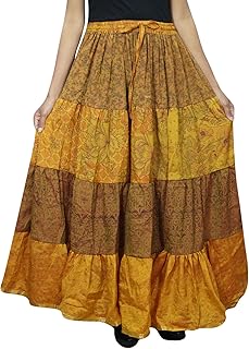 Mogul Interior Womens Boho Maxi Skirt Gold Sari Tiered Belly Dance Long Skirts OneSize