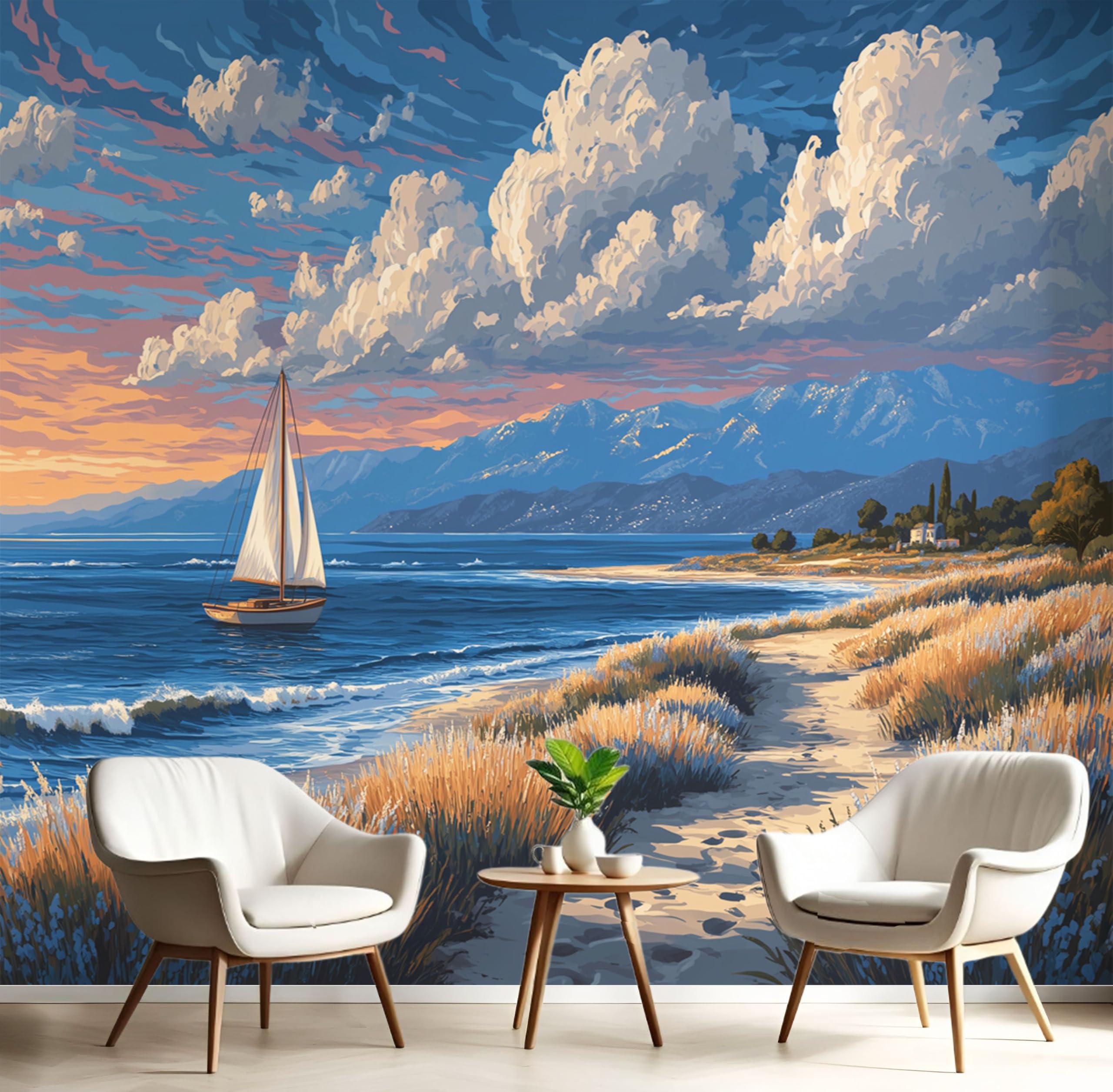 Décoration murale chambre avec papier peint paysage plage rétro