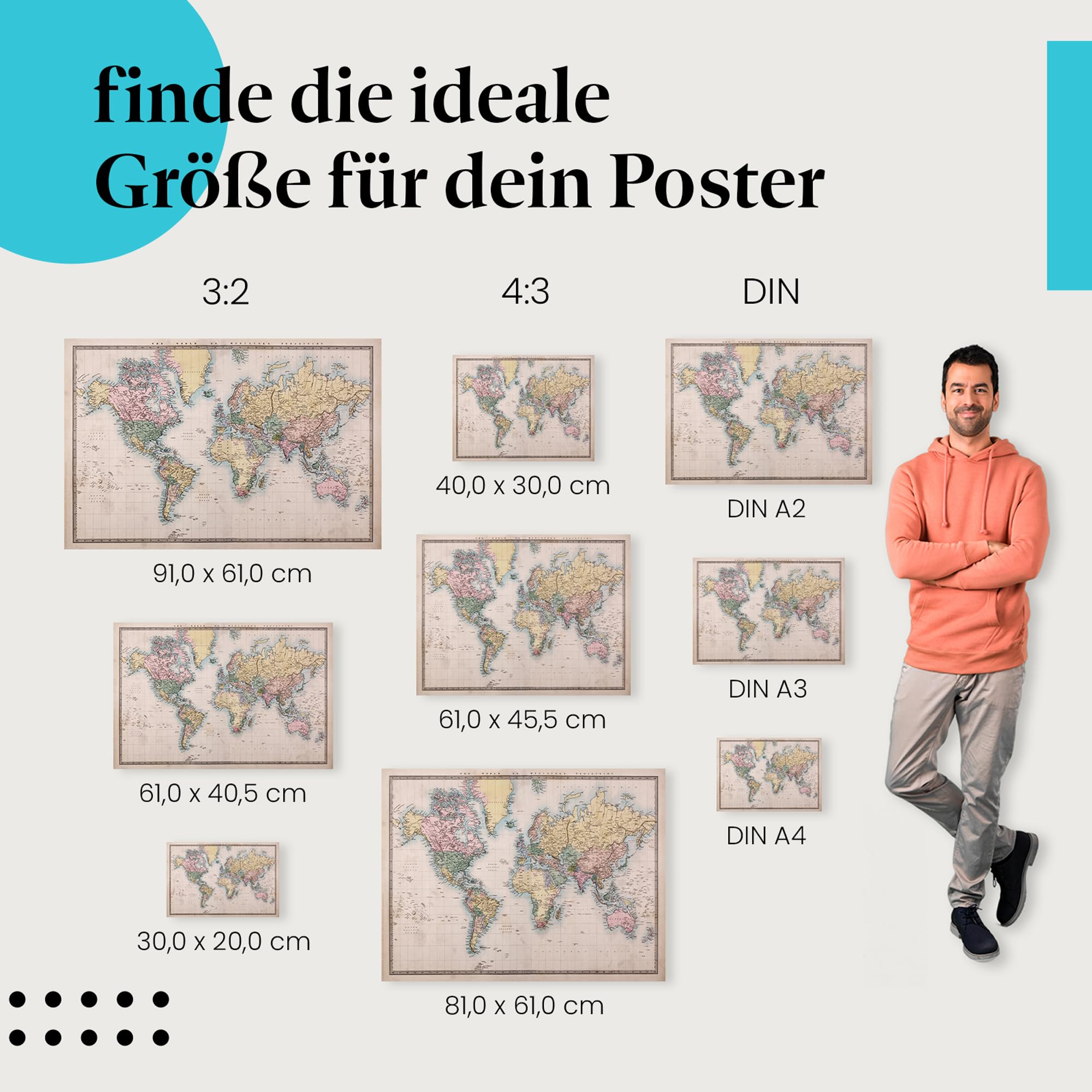 Postereck - 0557 - Historische Weltkarte, Vintage Kontinente Bunt - Unterricht Klassenzimmer Schule Wandposter Fotoposter Bilder Wandbild Wandbilder - Leinwand - 100,0 cm x 75,0 cm
