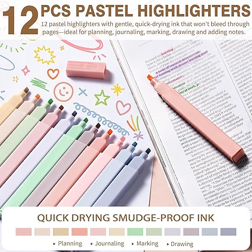 Miniatura 7 de 62 piezas de suministros escolares estéticos con bonito estuche para lápices, resaltadores pastel, bolígrafos de gel de tinta negra, kit de lápices