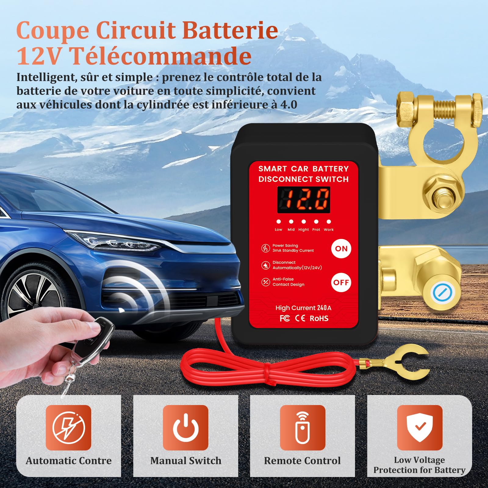 Stacca Batteria 12v, 240A Sezionatore Auto Remoto Senza Fili con Telecomando, 12v Auto Staccabatteria Automatico, Per RV ATV Camion Barca Trattore (Red)