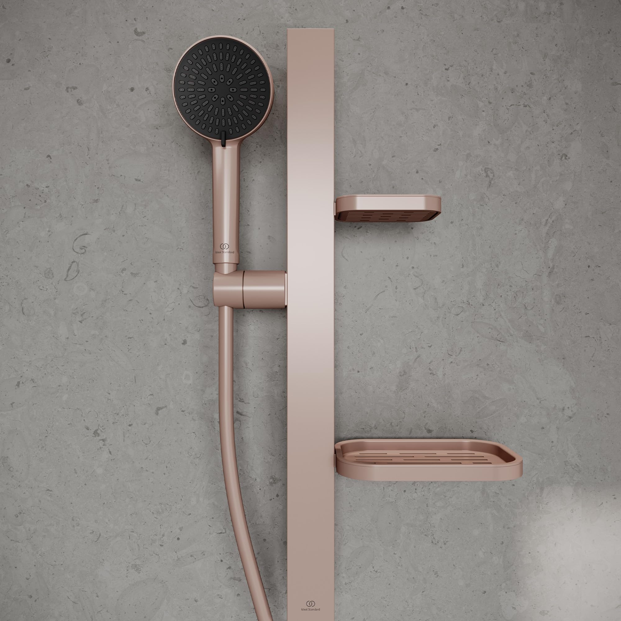 Ideal Standard Idealrain Alu+ Kit de ducha con barra, Cabezal de ducha con ahorro de agua, dos tipos de chorro (SilkRain y Rain) y bandejas ajustables – Rosa (349x157x600 mm)