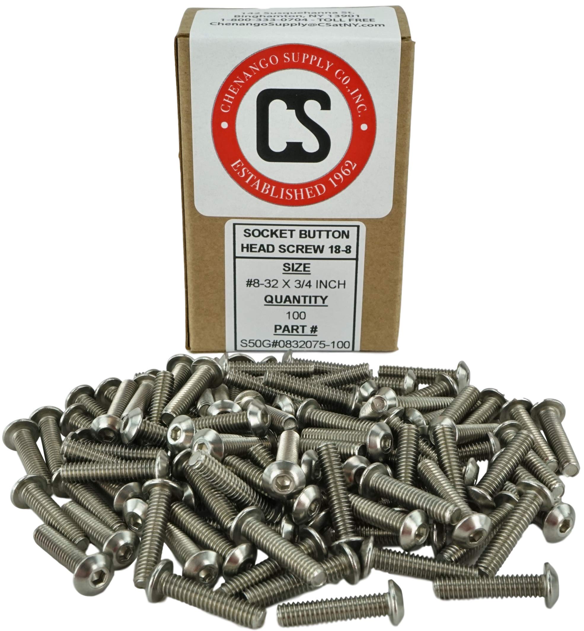Stainless #8-32 x 3/4" (1/2" to 2" Available) Socket Button Head Cap Screws, Full Thread, Hex Drive, Stainless Steel 18-8, Machine Thread (8-32 x 3/4"