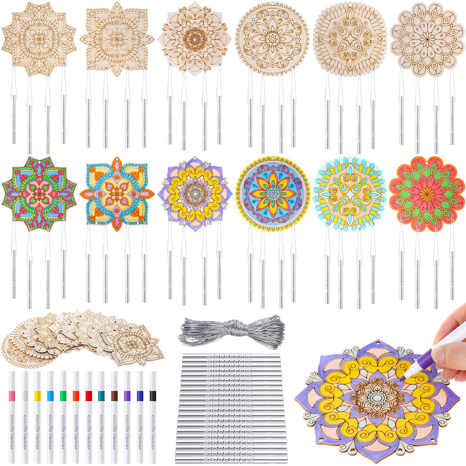 Potchen 18 Sets Mandala Wind Chimes Craft Art Kit for Adult Color Your Own Wind Chime DIY Unfinished Wood Hanging Ornaments Coloring Wind Chime for Adult Gifts Home and Party Supplies