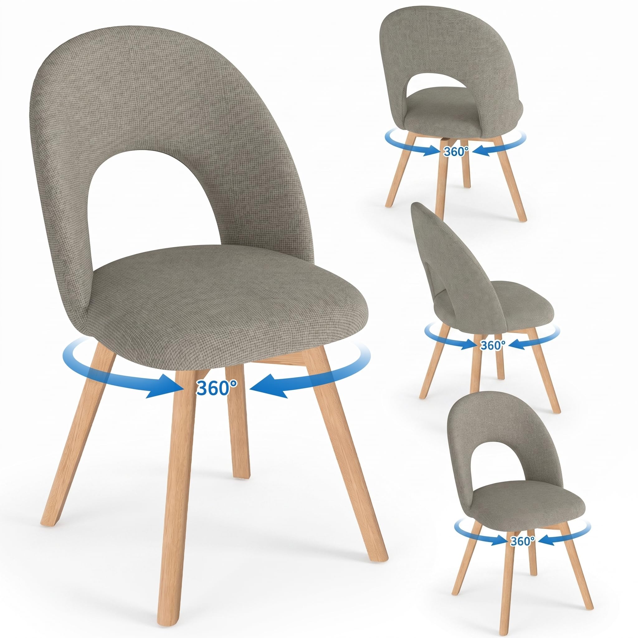 WAFTING Sillas de Comedor giratorias Patas Madera, Pack 4，Marrón Oscuro | Giratorio 360° silencioso, tela de lino gruesa con respaldo calado transpirable, apto para comedor, cocina, sala