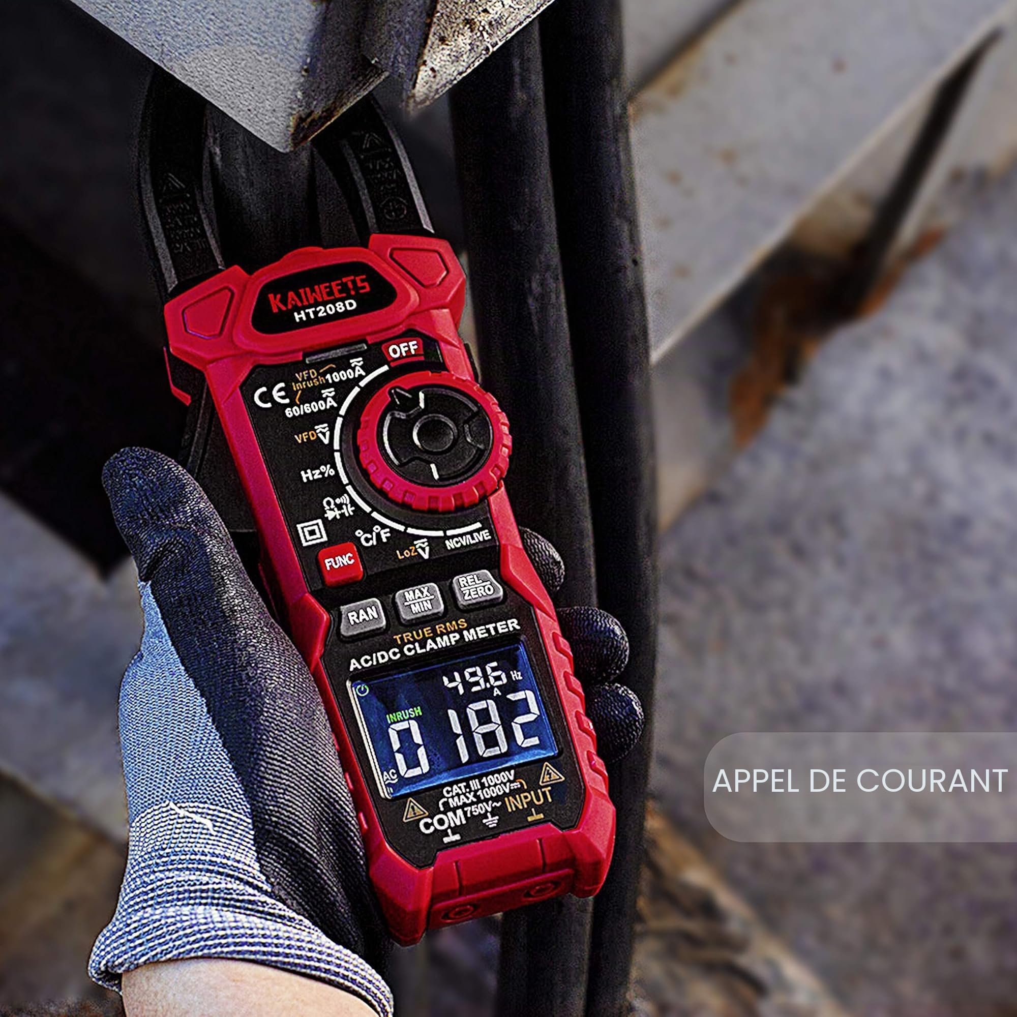 KAIWEETS Pince ampèremétrique 1000A AC/DC, Pince ampèremétrique professionnelle True-RMS, VFD, mode LOZ, Mesurer le courant d'appel - HT208D