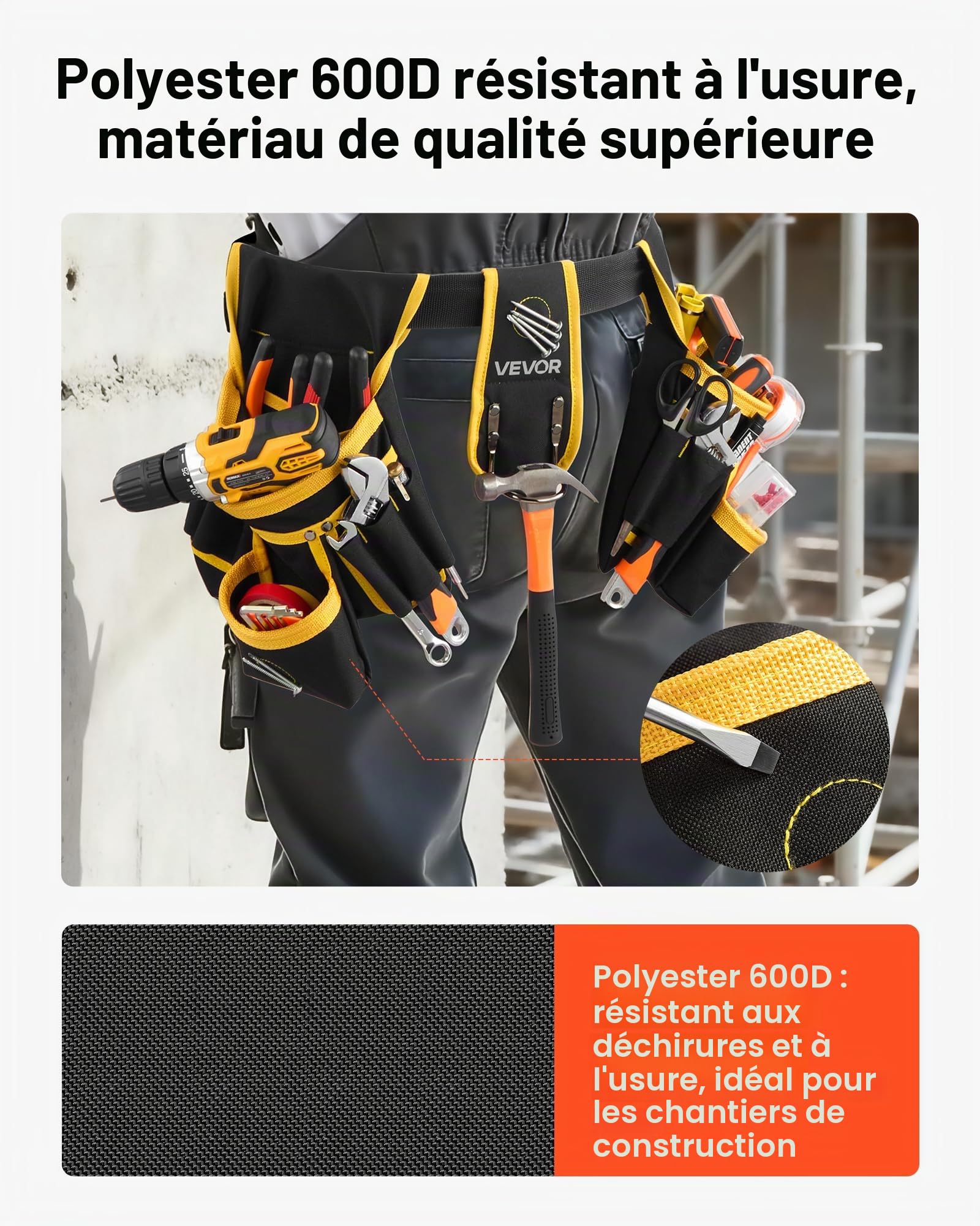 VEVOR Ceinture Porte Outil 28 Poches Ceinture à Outils Tour de Taille Ajustable 78,7-121,9 cm Sacoche Charpentier Amovible Réglable Sac à Outils pour Électricien Construction Homme Chantier Bricolage