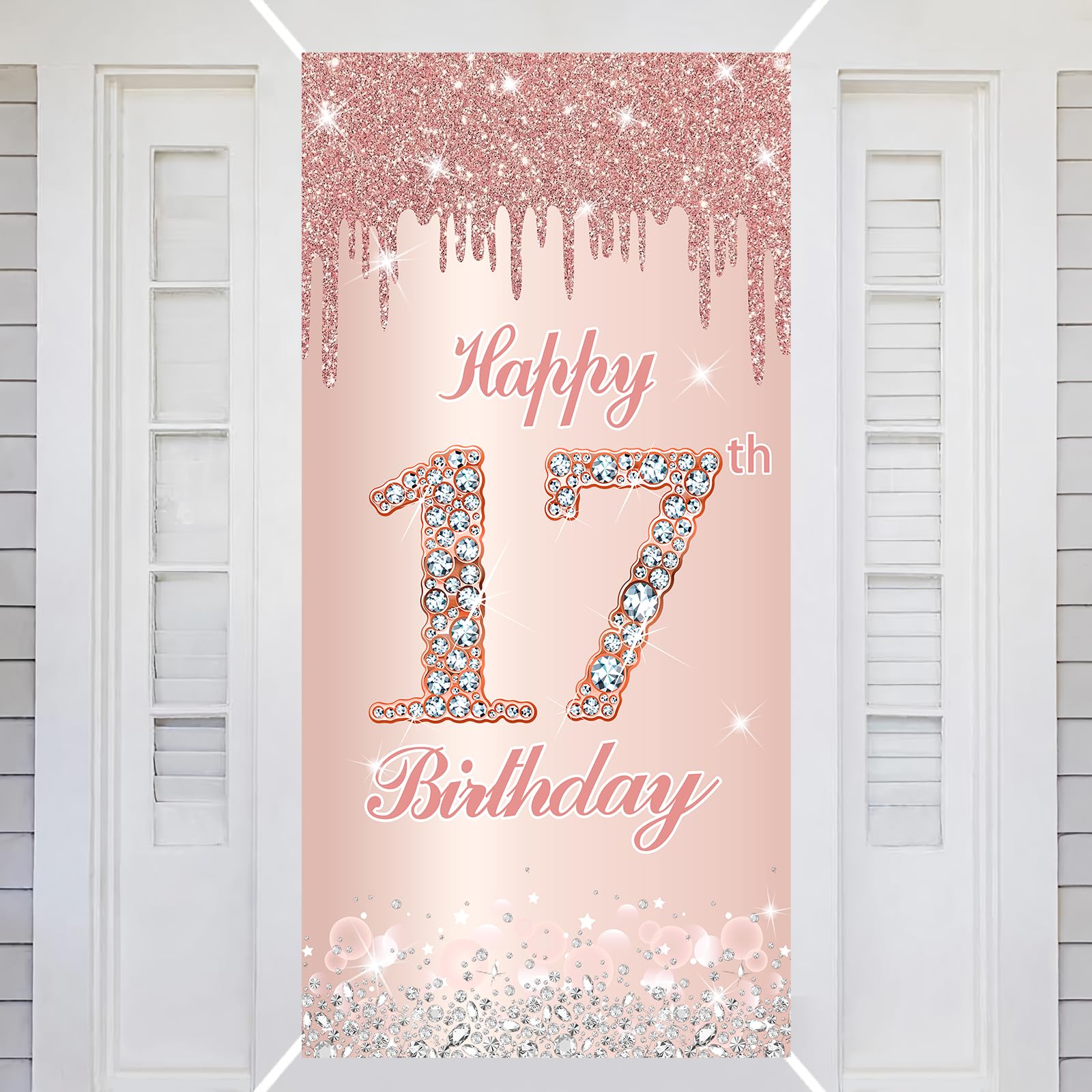17th Happy Birthday Decorations Door Banner Pink Rose Birthday Banner for Party Backdrop for Women Door Cover Party Decoration Supplies Poster