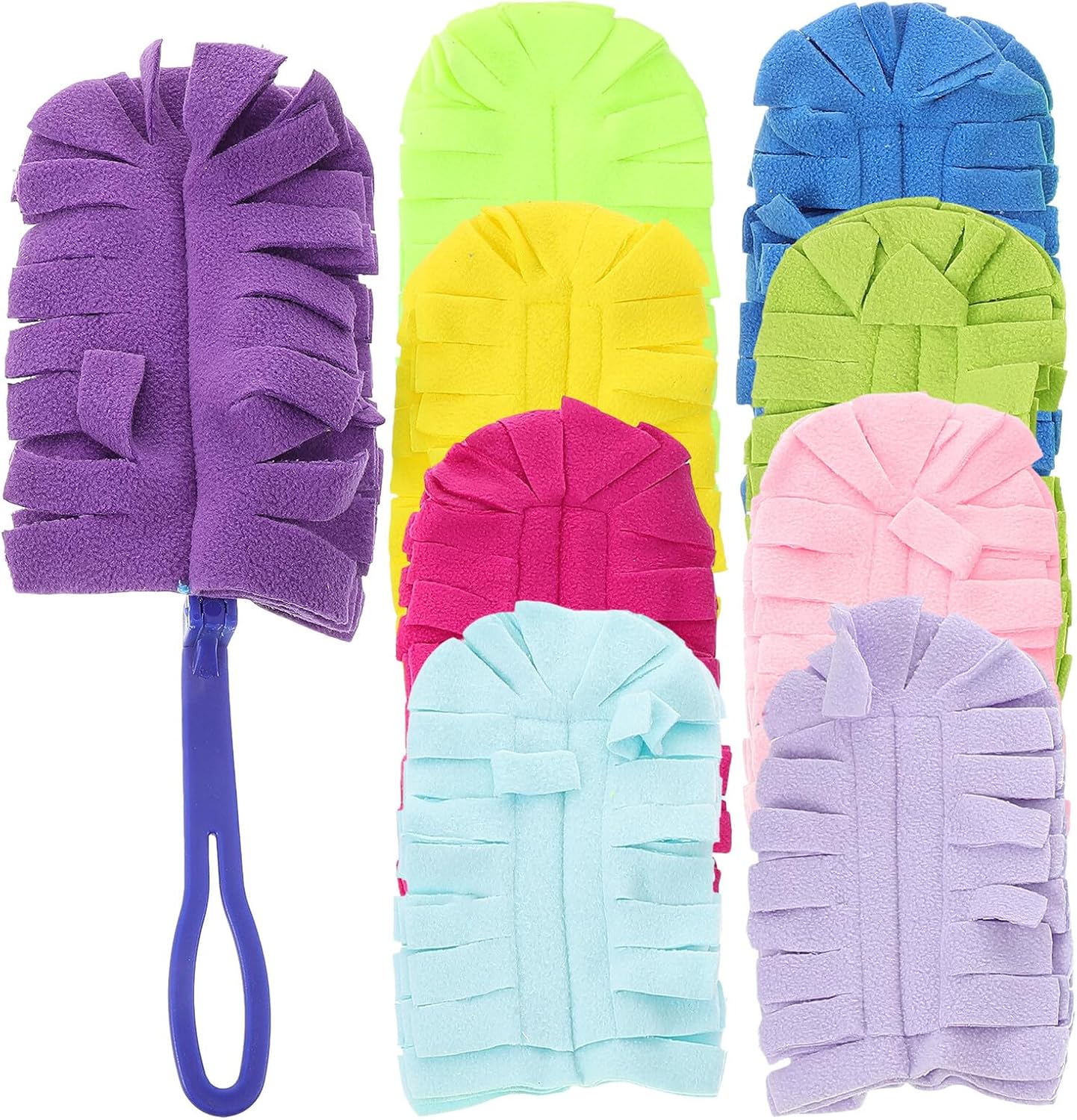 Reusable Duster Refills Set 10pcs with Handle, Washable Fleece Duster Pads for Dry and Wet Cleaning, Multi-Color Dusting Tool for Ceiling Fans, Furniture, Blinds, and Floors