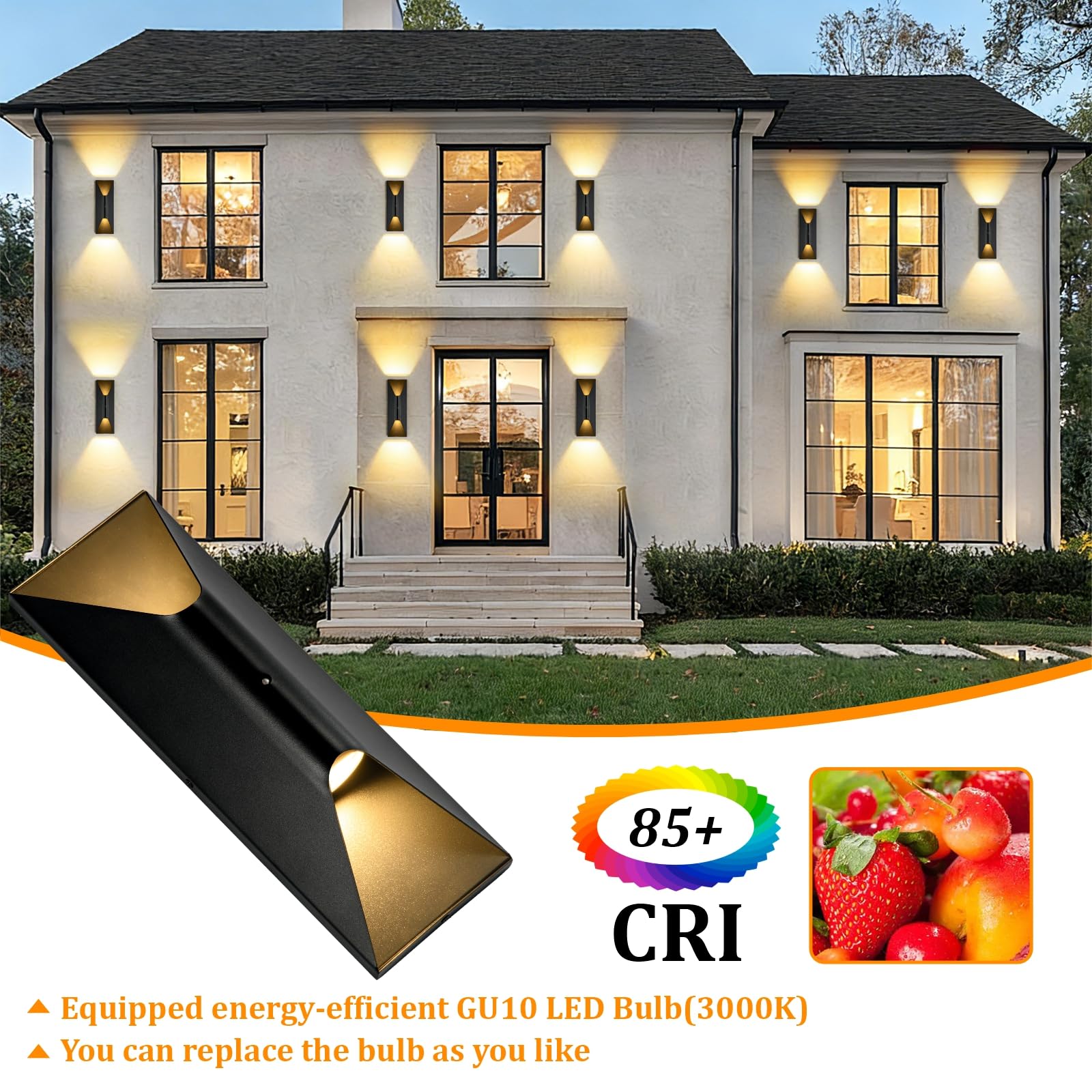 Dusk to Dawn - Confezione da 2 lampade da parete per esterni, 38,1 cm, su e giù, impermeabile, lampadina sostituibile, LED da 3000 K, luci moderne nere per esterni, per casa, portico, garage