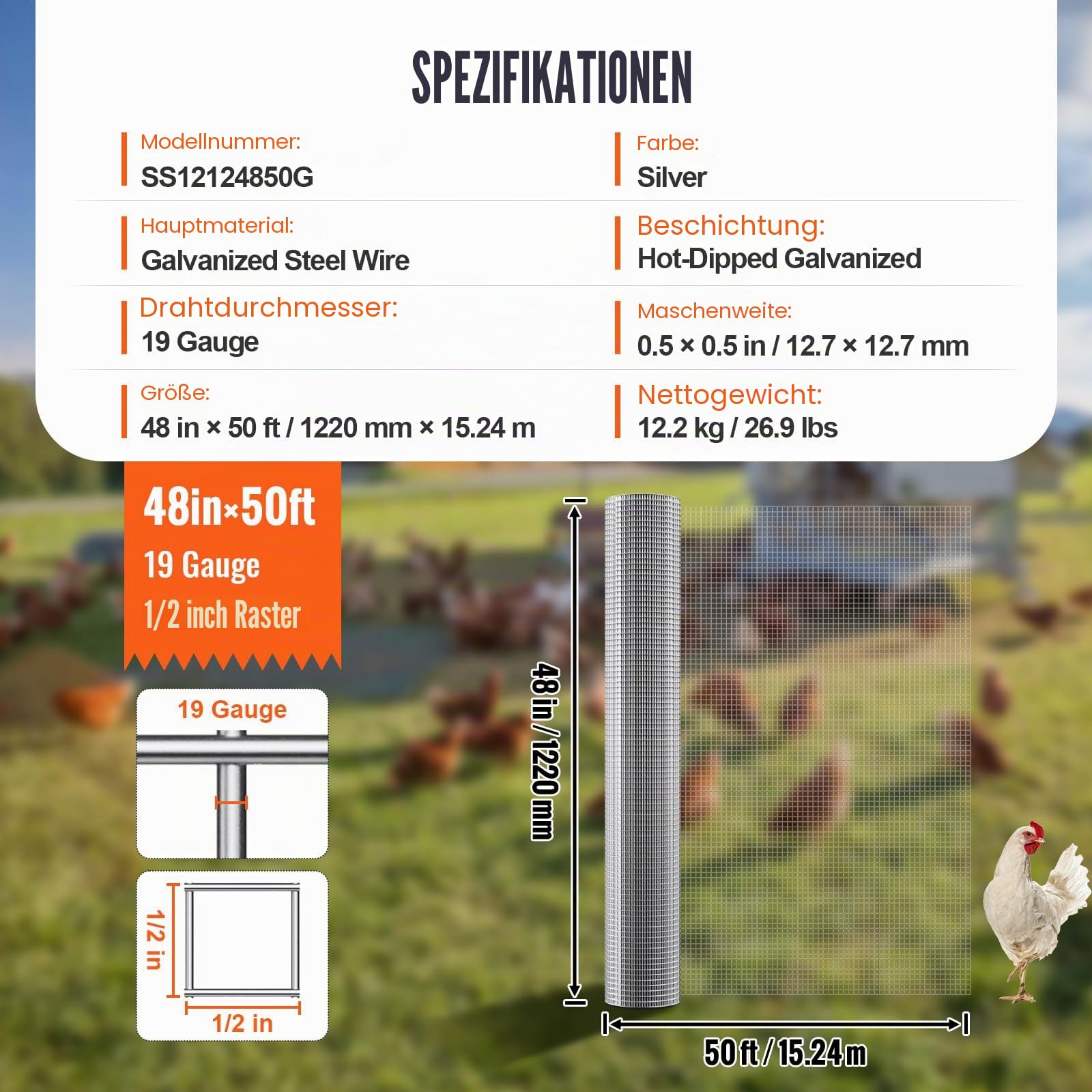 VEVOR Drahtgeflecht, 122cm x 15 m, Volierendraht Verzinkt, 0,9mm Drahtstärke Drahtgitter 12,7x12,7mm Maschendrahtrolle, Maschendrahtzaun, Maschendraht für Kaninchenkäfige, Garten, kleine Nagetiere