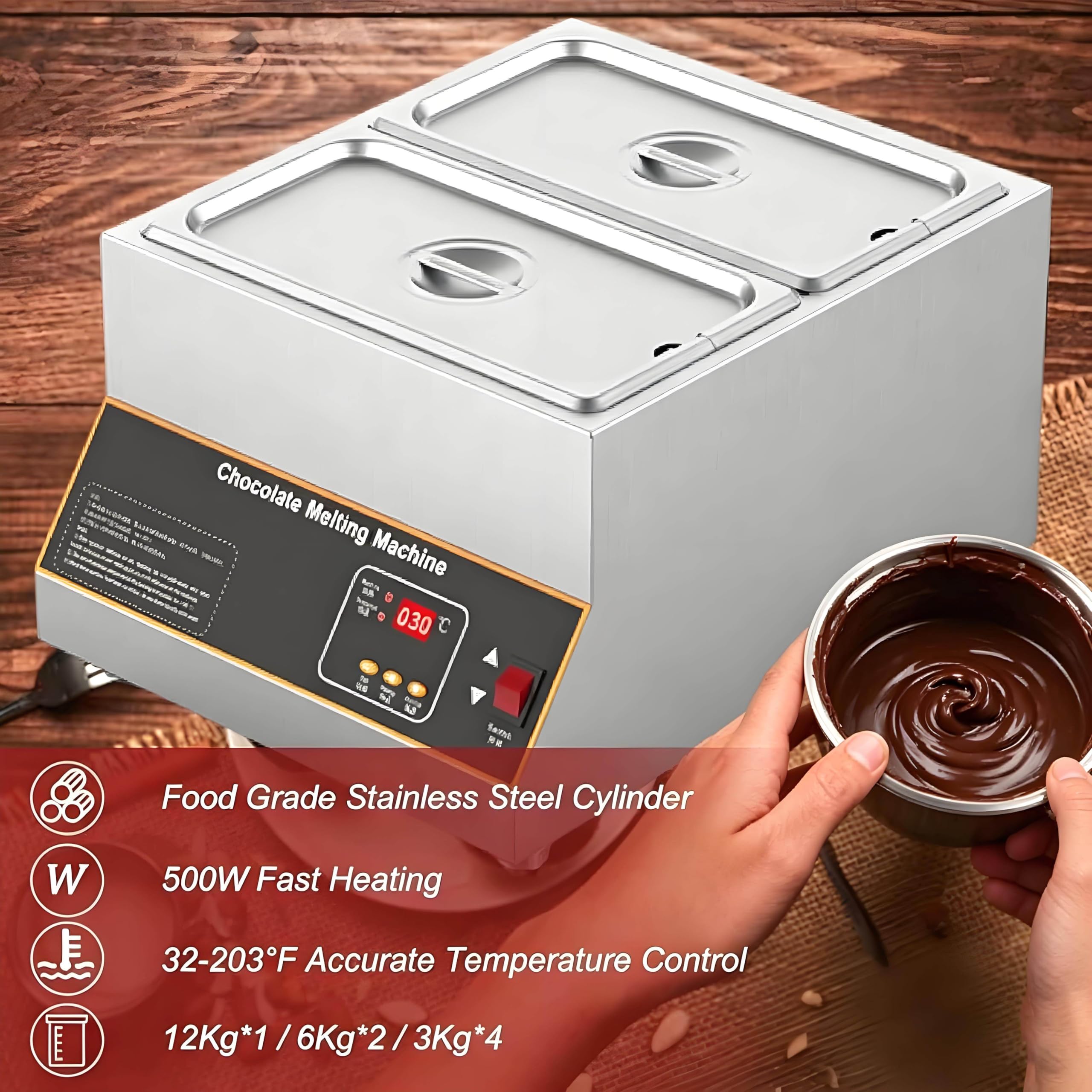 Termofor do Czekolady, Garnek z Cyfrową Kontrolą Temperatury 32-203°F, Elektryczny Podgrzewacz do Czekolady ze Stali Nierdzewnej o Mocy 500 W, do Restauracji Cateringowych 1tank