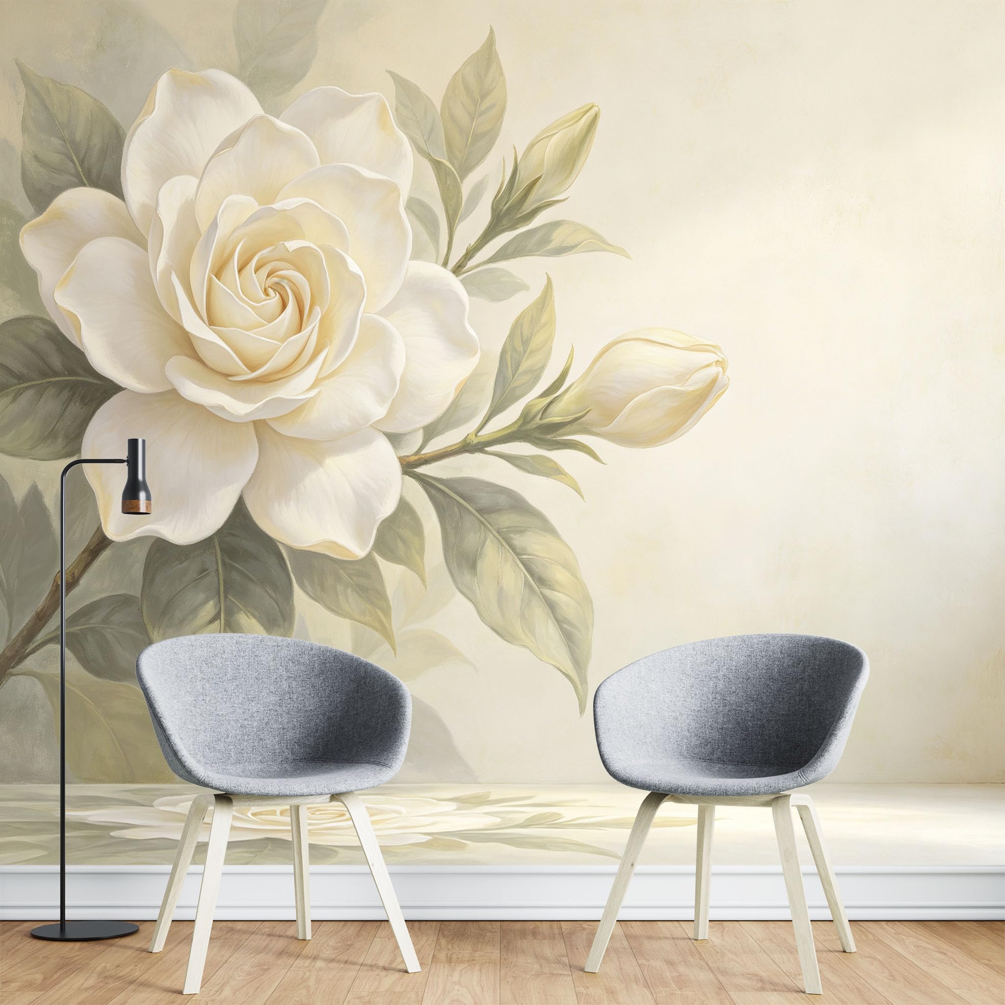 Papier Peint Fresque Murale Panoramique Intissé À Motif Floral Gardénia Blanc Grand Format 210 x 150 cm Style Peinture À L'Huile Décoration Murale Moderne pour Salon Ou Chambre.